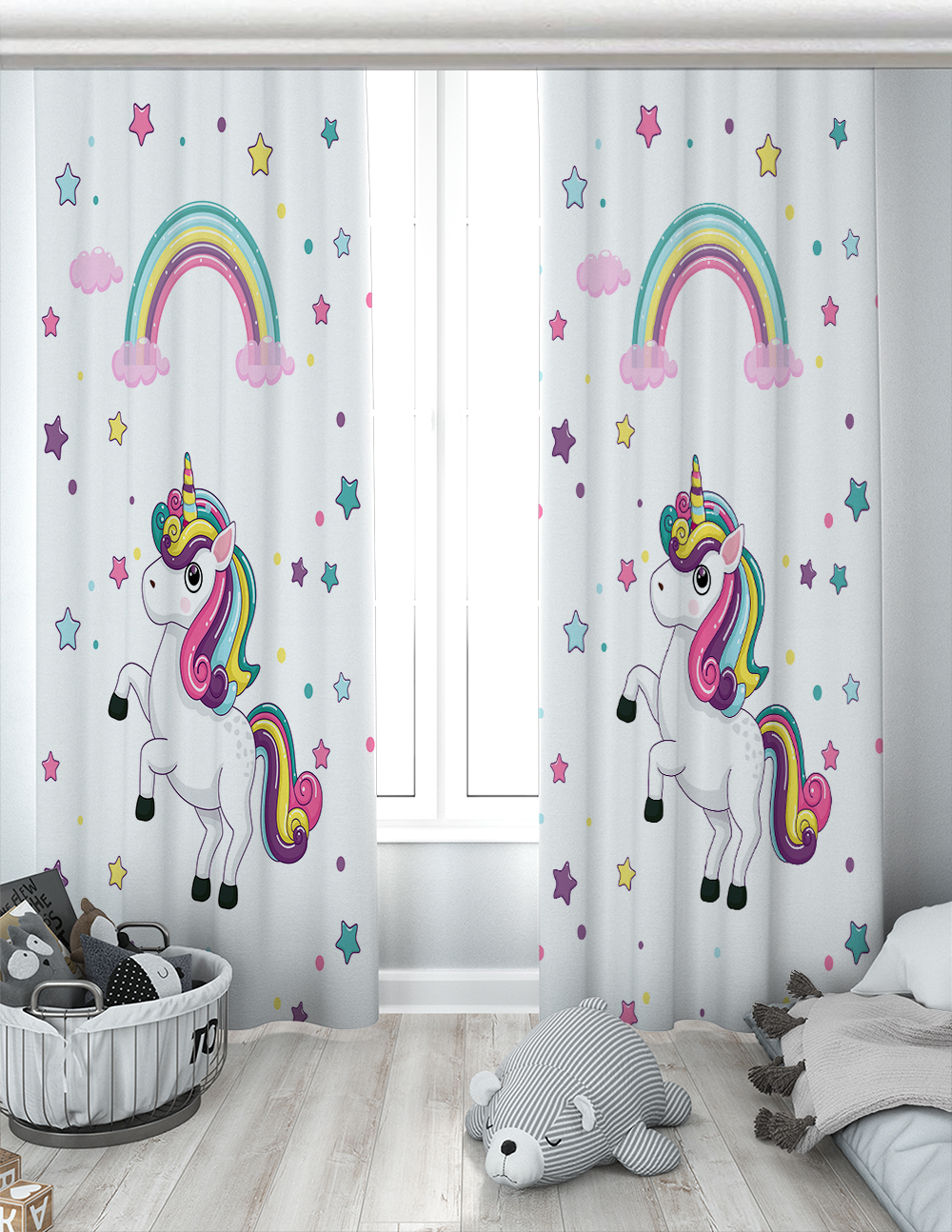 Gökkuşaklı Unicorn Çocuk Odası Çift Kanatlı Fon Perde EPP120