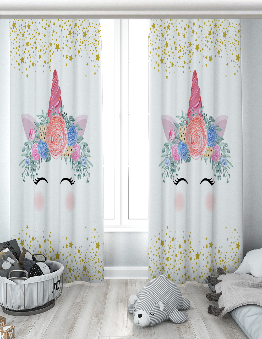 Unicornlu Yıldızlı Çift Kanatlı Fon Perde EPP123