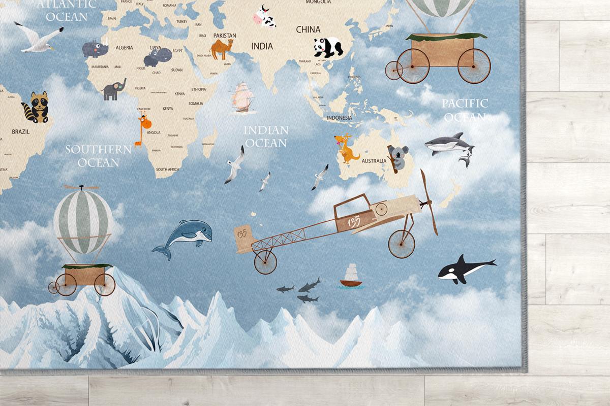 Dünya Haritalı Balonlu Uçaklı Çocuk Odası Halısı