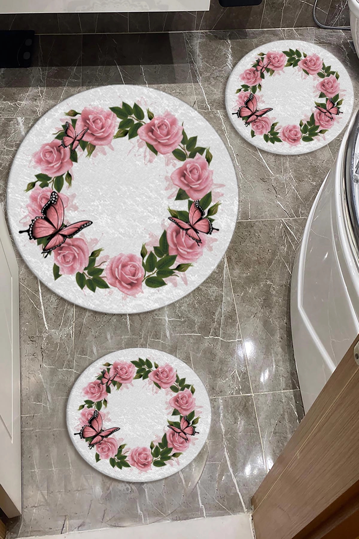 Pembe Güllü Dot Taban Üçlü Paspas Seti