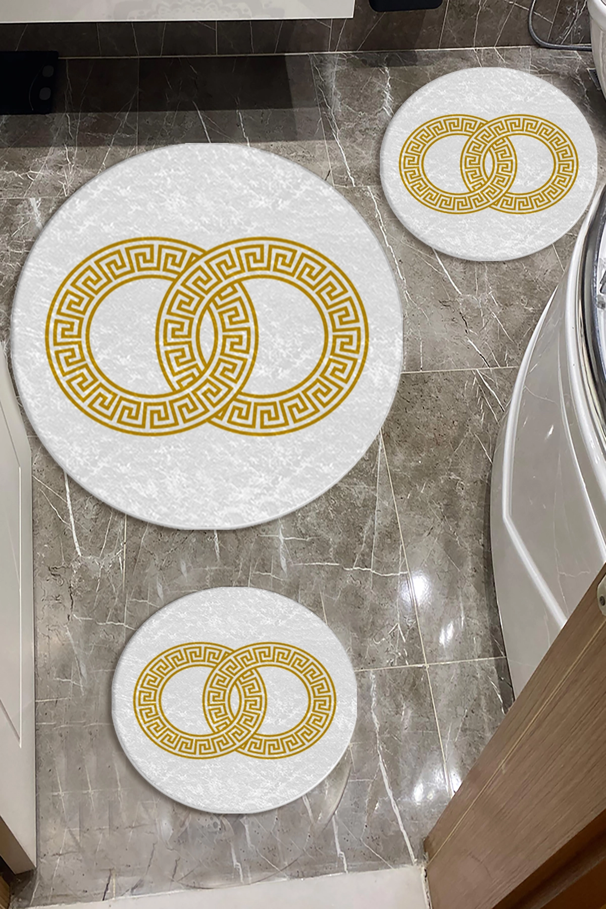 Beyaz Zemin Gold Key Dot Taban Üçlü Paspas Seti