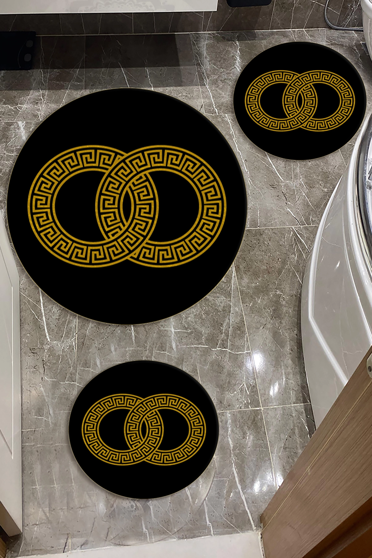 Siyah Zemin Gold Key Dot Taban Üçlü Paspas Seti