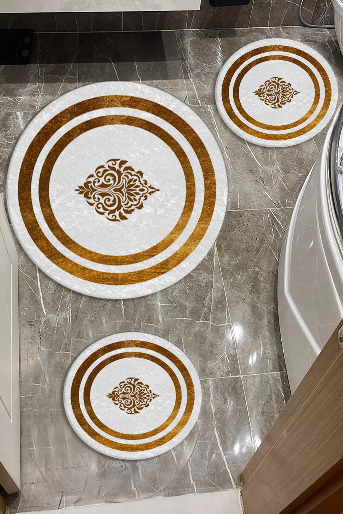 Damask Gold Çizgili Dot Taban Üçü Paspas Seti