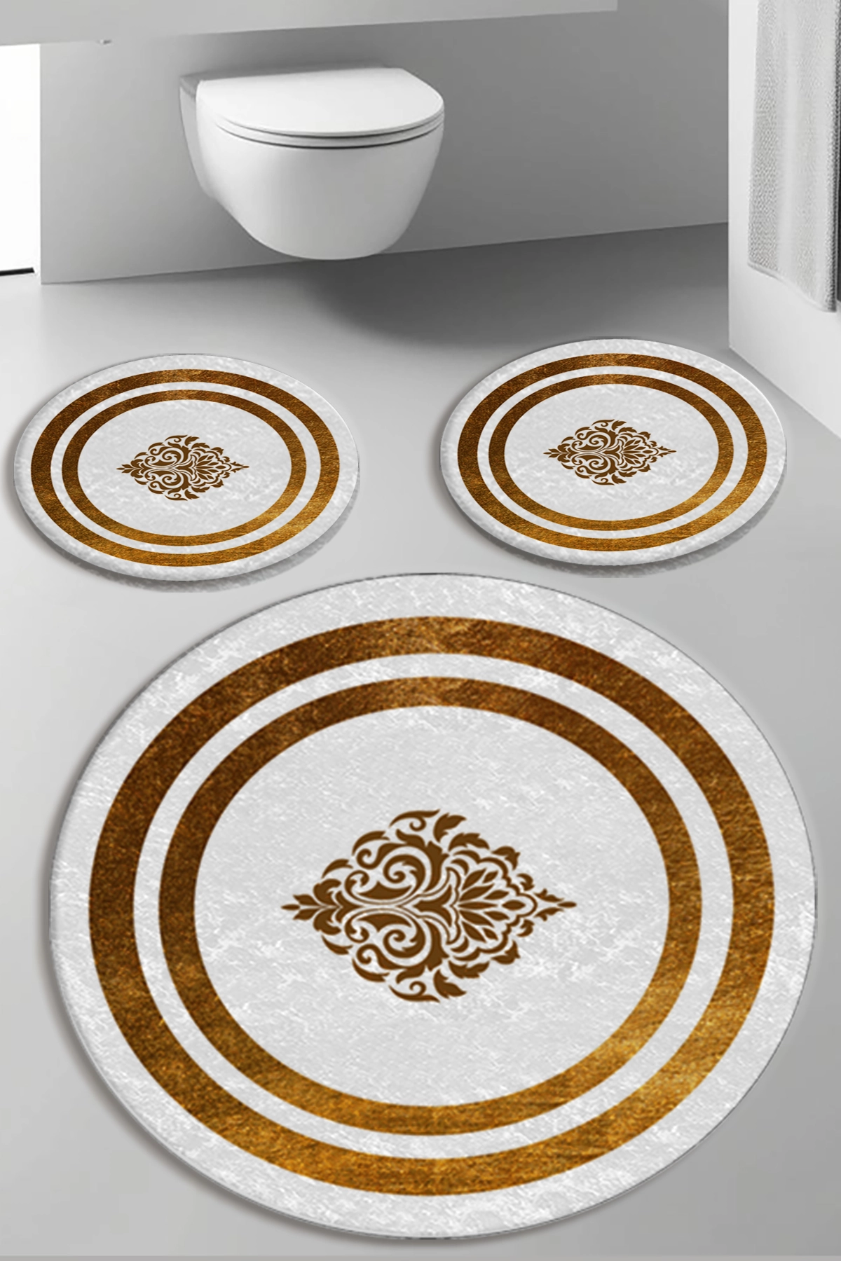 Damask Gold Çizgili Dot Taban Üçü Paspas Seti