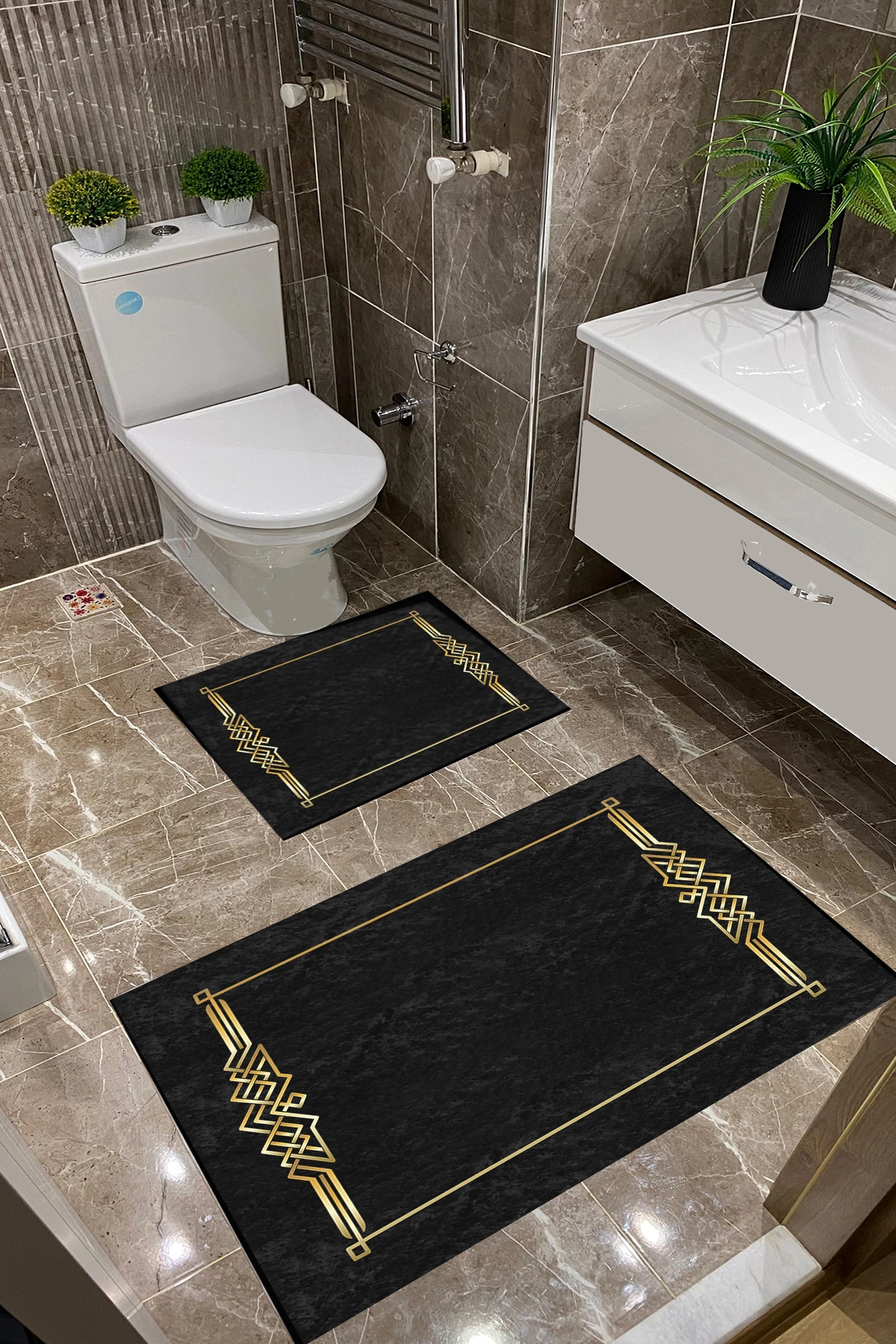 Siyah Zemin Gold Desenli  Dot Taban İnce Klozet Takımı