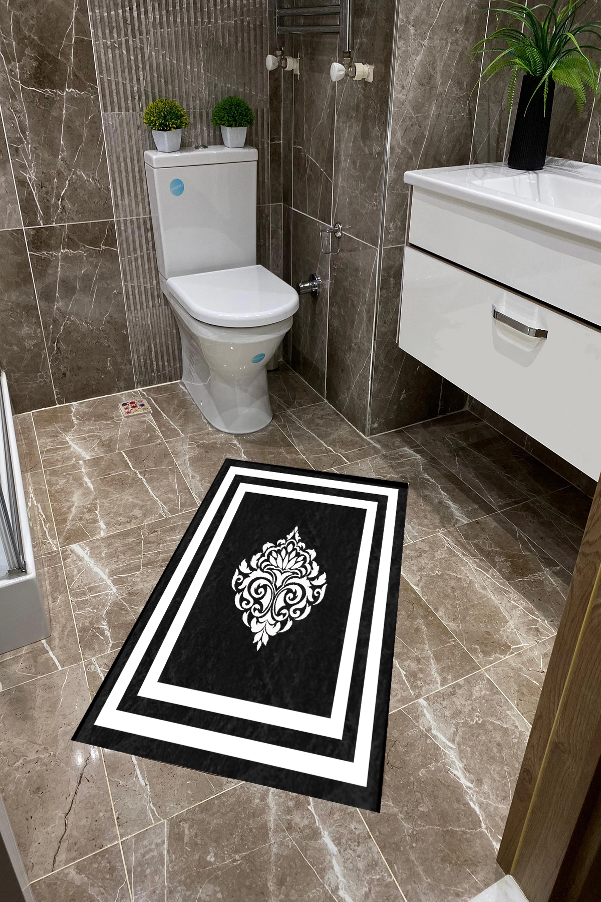 Siyah Zemin Beyaz Damask Çerçeveli Dot Taban İnce Klozet Takımı