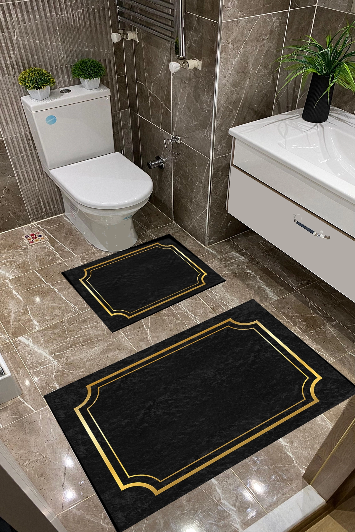 Siyah Zemin Gold Desenli Dot Taban İnce Klozet Takımı