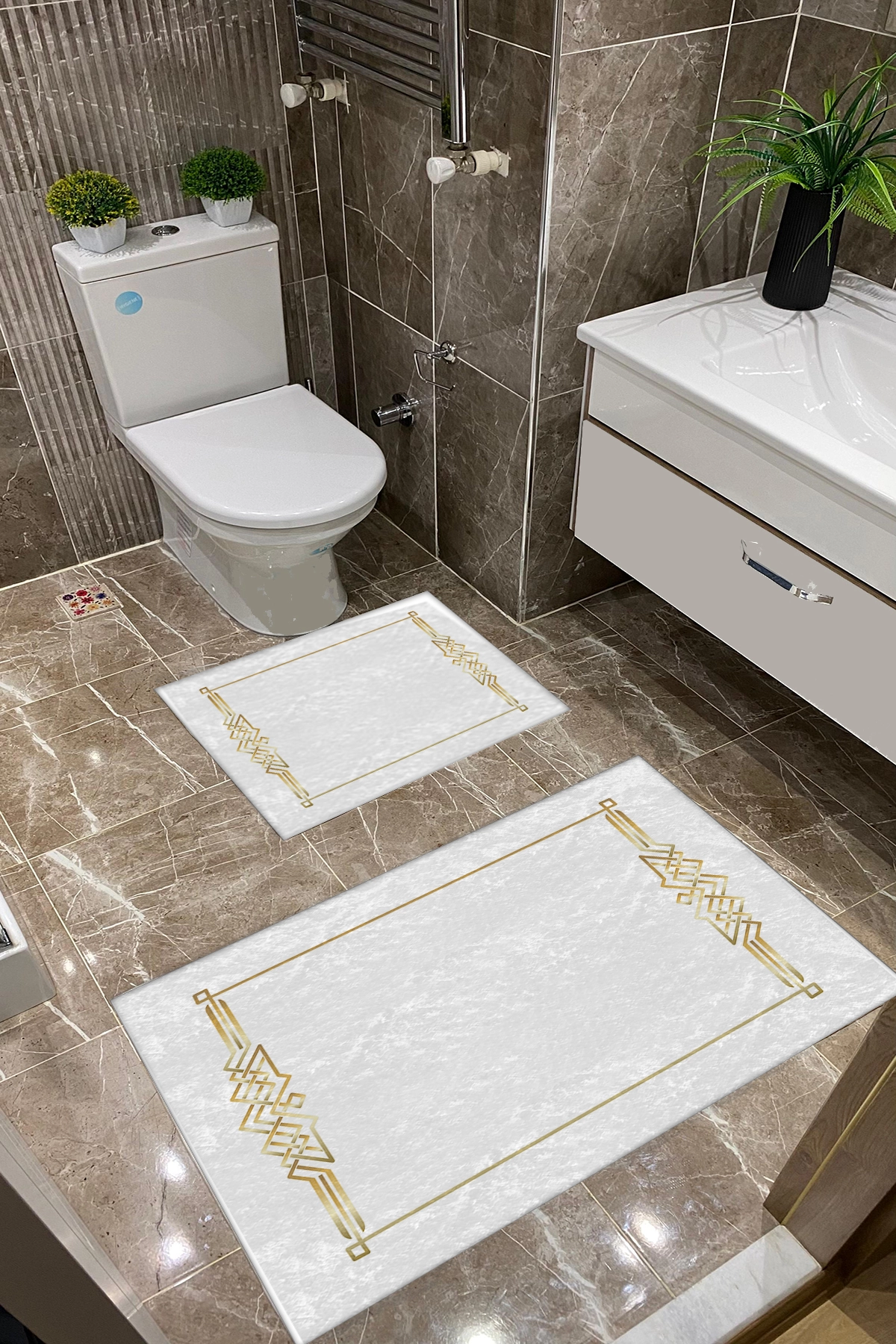 Beyaz Zemin Gold Desenli Dot Taban İnce Klozet Takımı