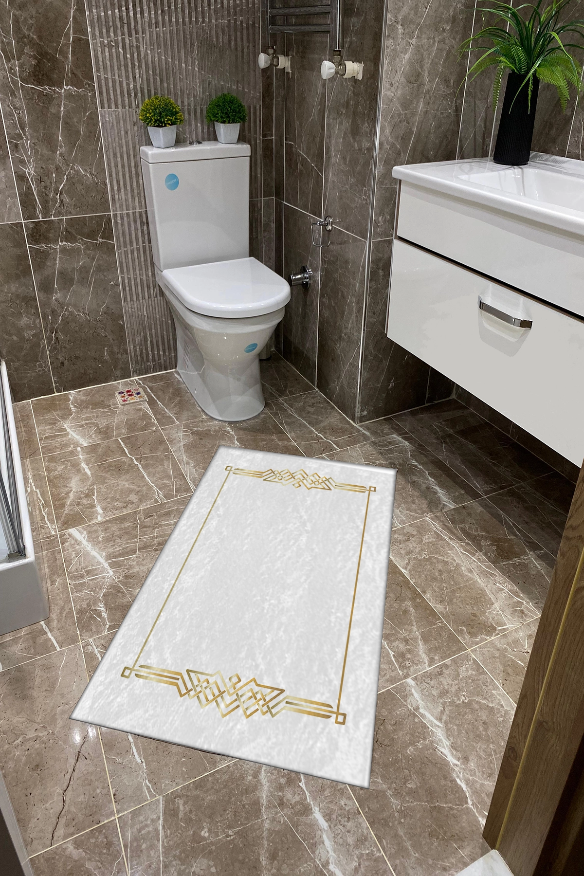 Beyaz Zemin Gold Desenli Dot Taban İnce Klozet Takımı