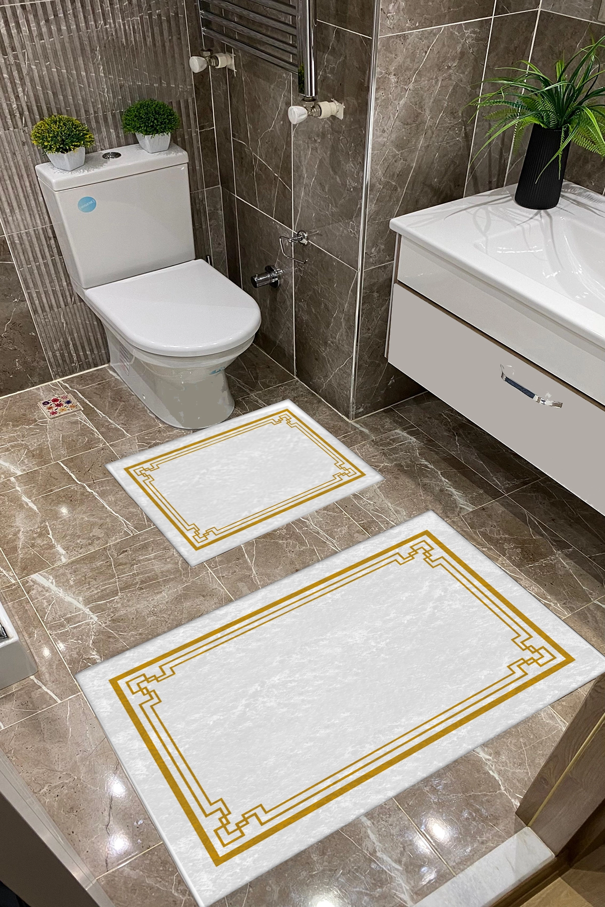 Beyaz Zemin Gold Desenli Dot Taban İnce Klozet Takımı