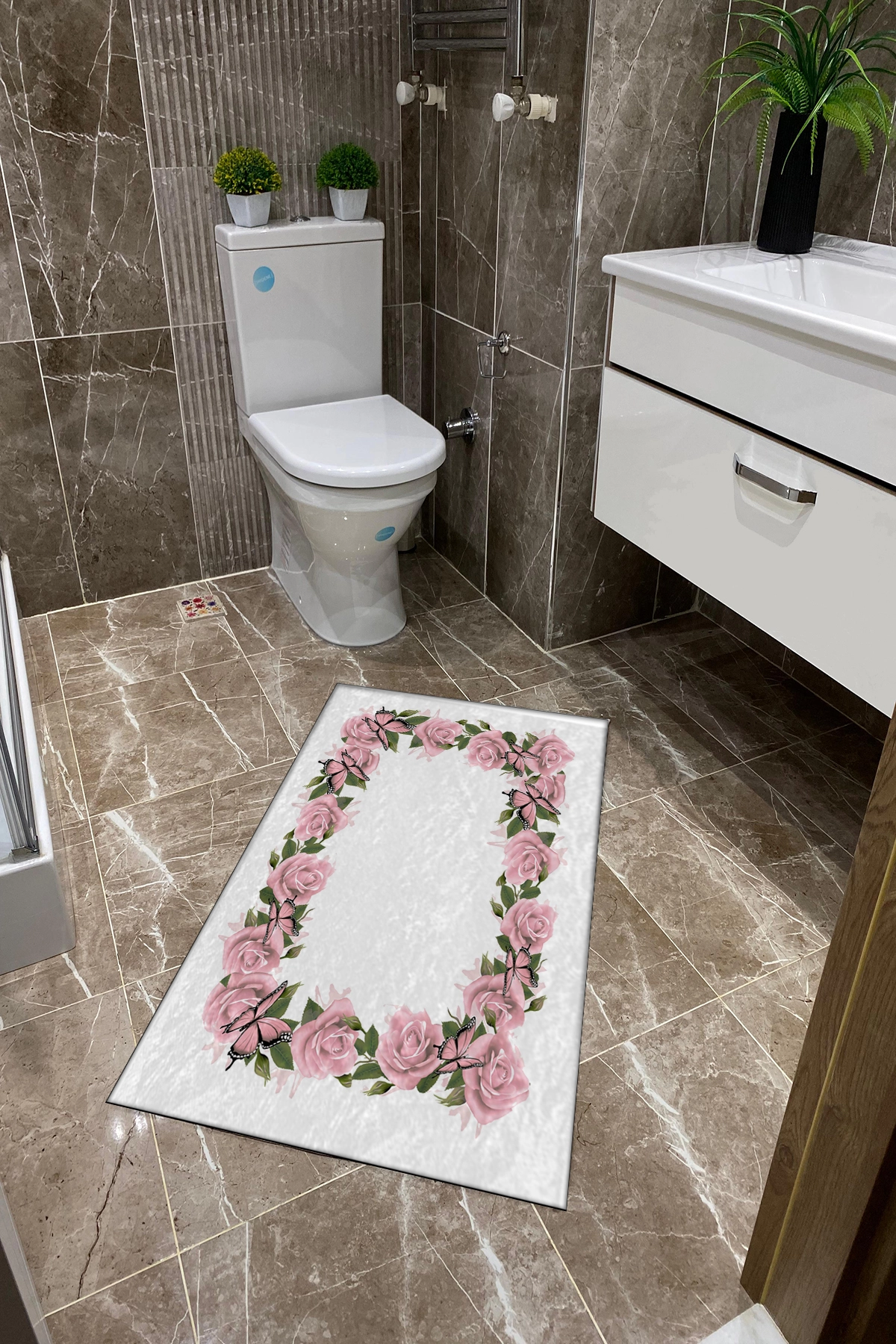 Pembe Güllü Dot Taban İnce Klozet Takımı