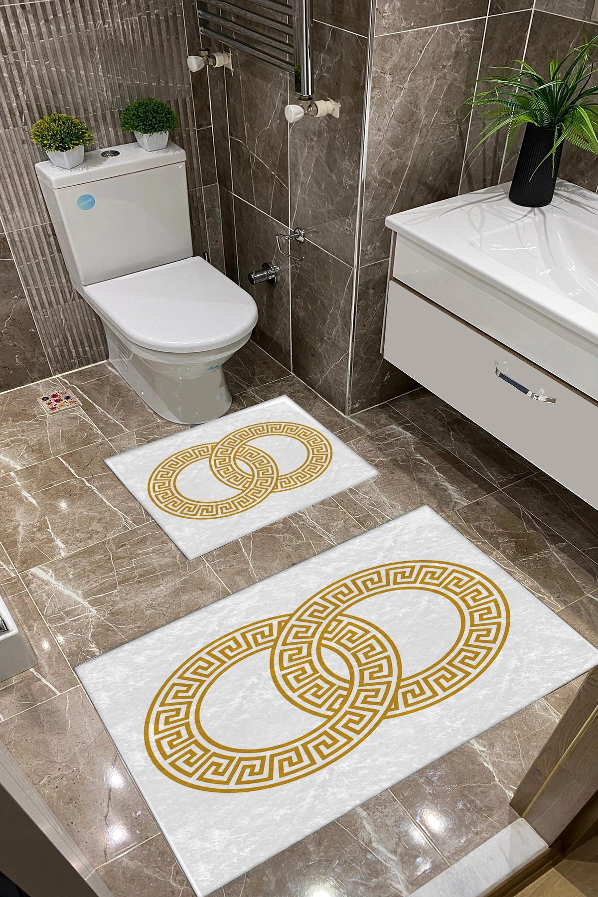 Beyaz Zemin Gold Desenli Key Dot Taban İnce Klozet Takımı