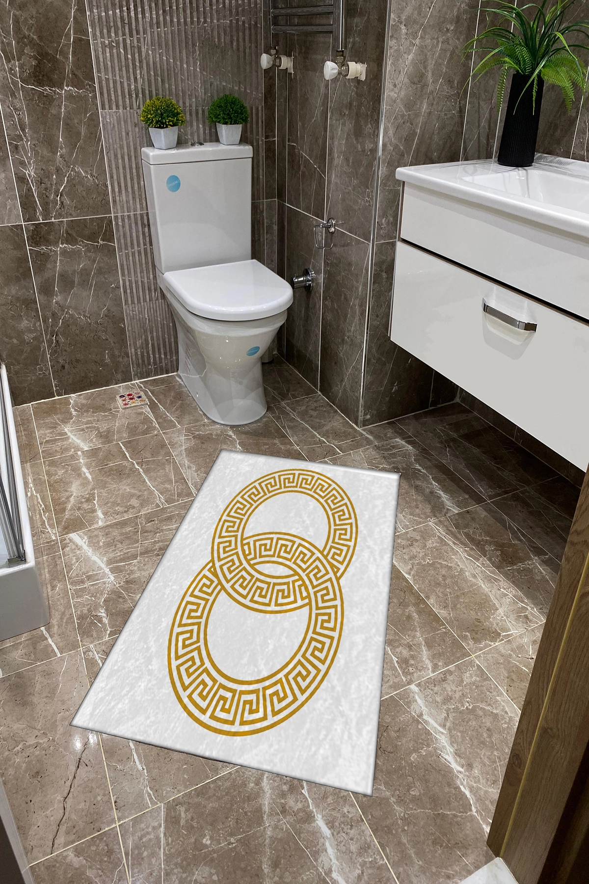 Beyaz Zemin Gold Desenli Key Dot Taban İnce Klozet Takımı