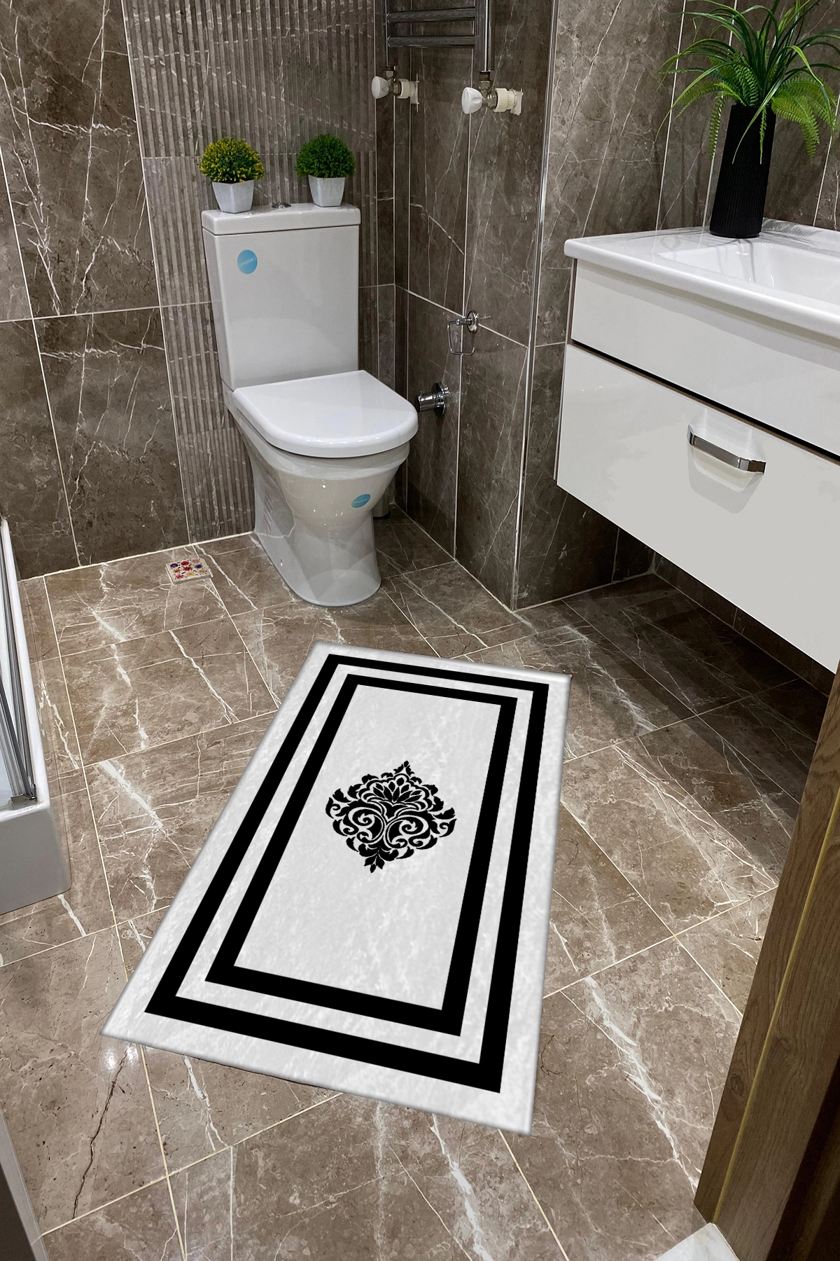 Beyaz Zemin Siyah Damask Desenli Dot Taban İnce Klozet Takımı