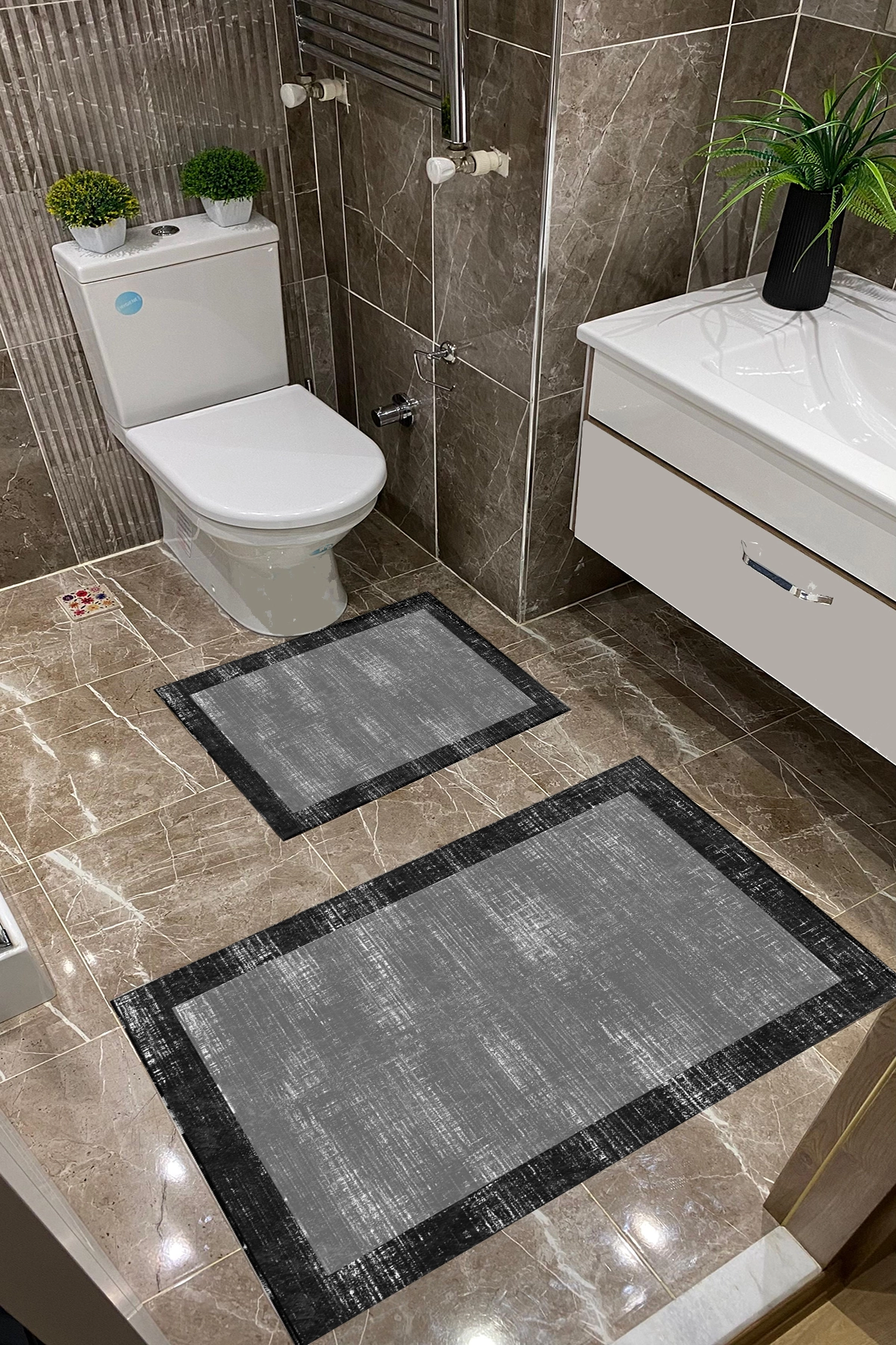 Gri Zemin Siyah Bordürlü Dot Taban İnce Klozet Takımı