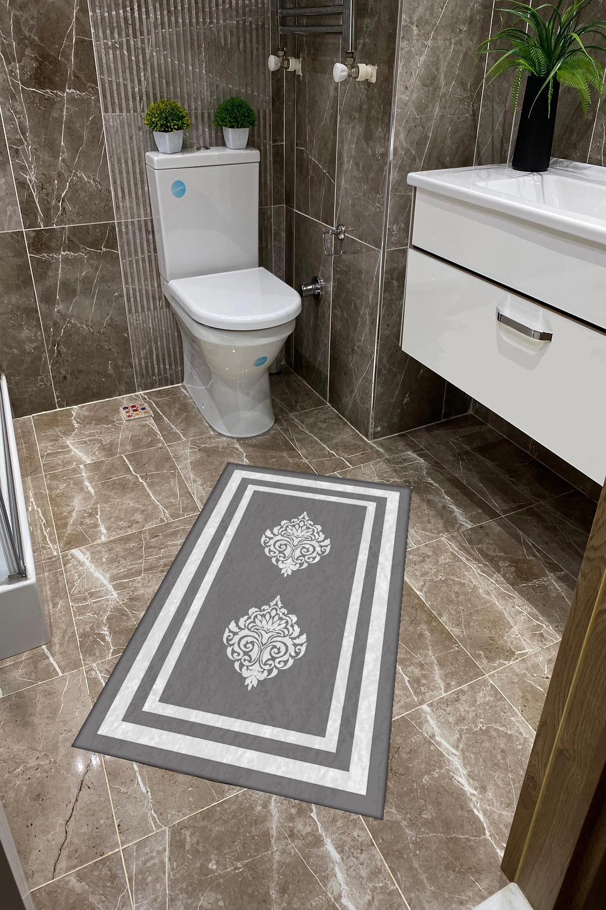 Gri Zemin Beyaz Damask Desenli Dot Taban İnce Klozet Takımı