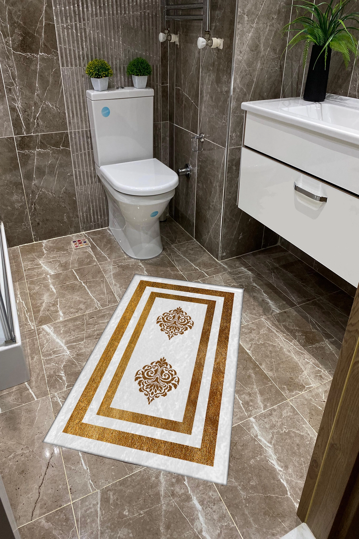 Beyaz Zemin Gold Damask Desenli Dot Taban İnce Klozet Takımı