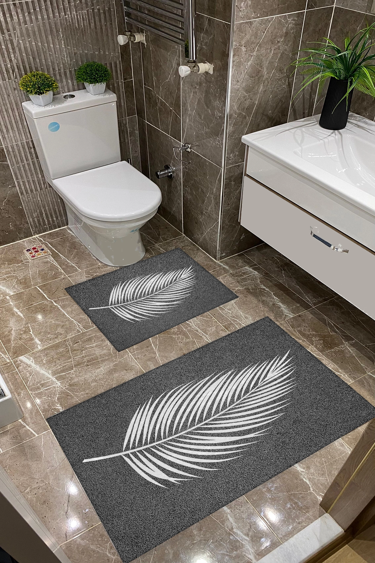 Gri Zemin Beyaz Yapraklı Dot Taban İnce Klozet Takımı