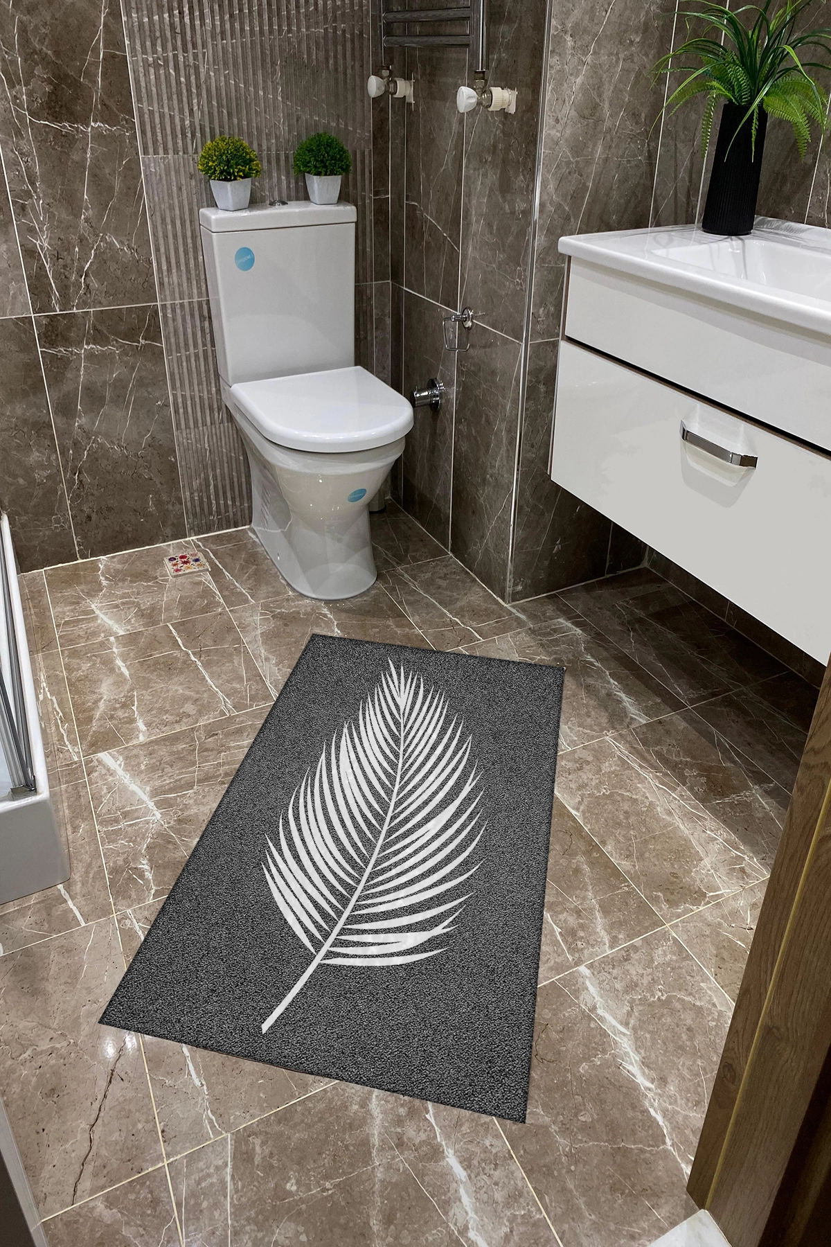 Gri Zemin Beyaz Yapraklı Dot Taban İnce Klozet Takımı