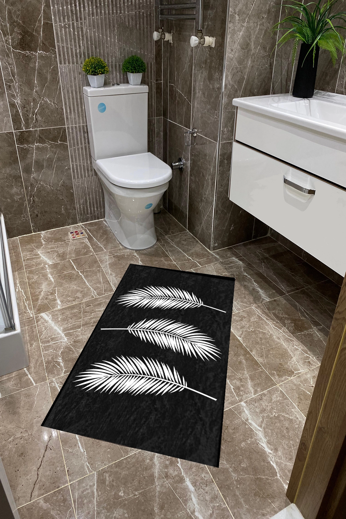 Siyah Zemin Beyaz Yapraklı Dot Taban İnce Klozet Takımı