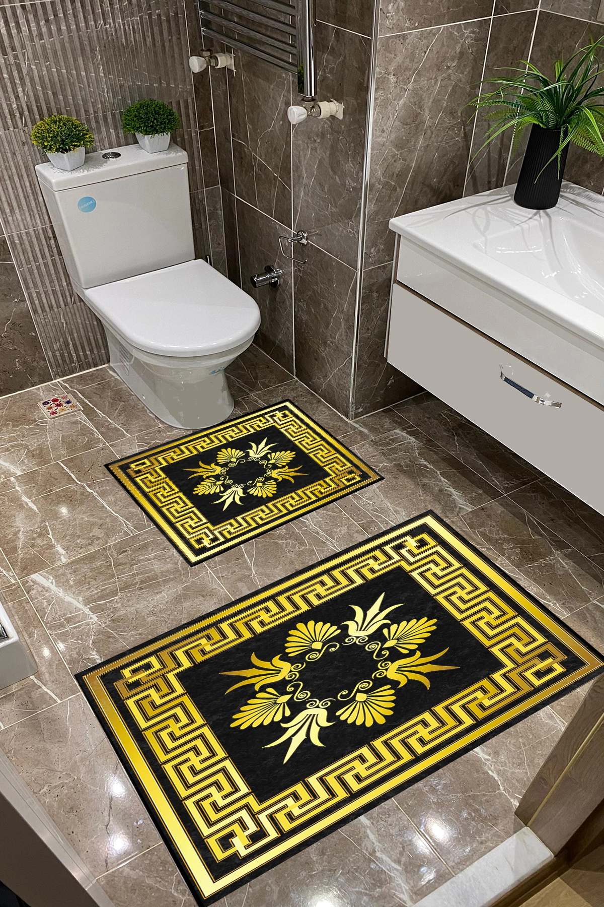 Siyah Zemin Gold Desen Dot Taban İnce Klozet Takımı