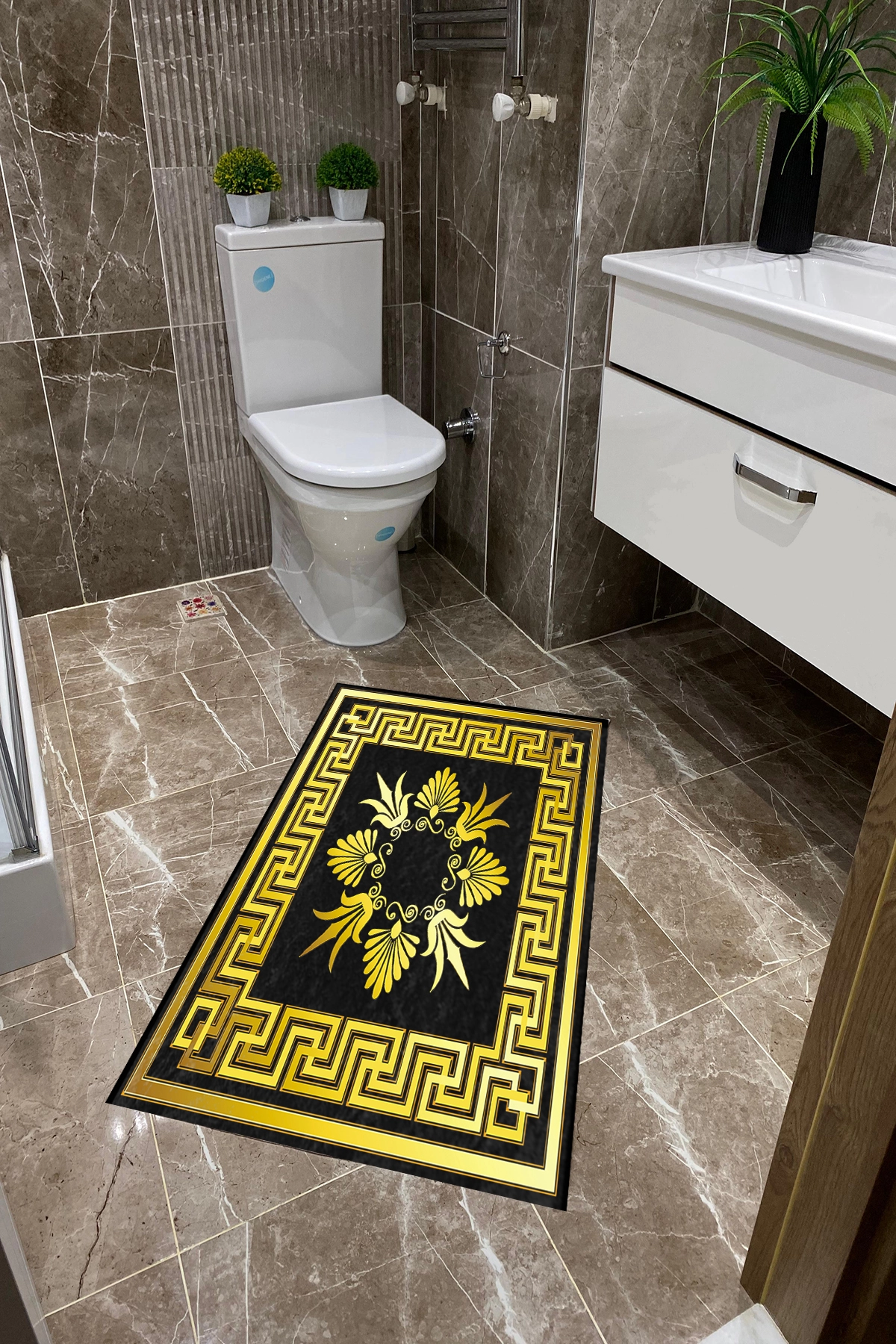 Siyah Zemin Gold Desen Dot Taban İnce Klozet Takımı