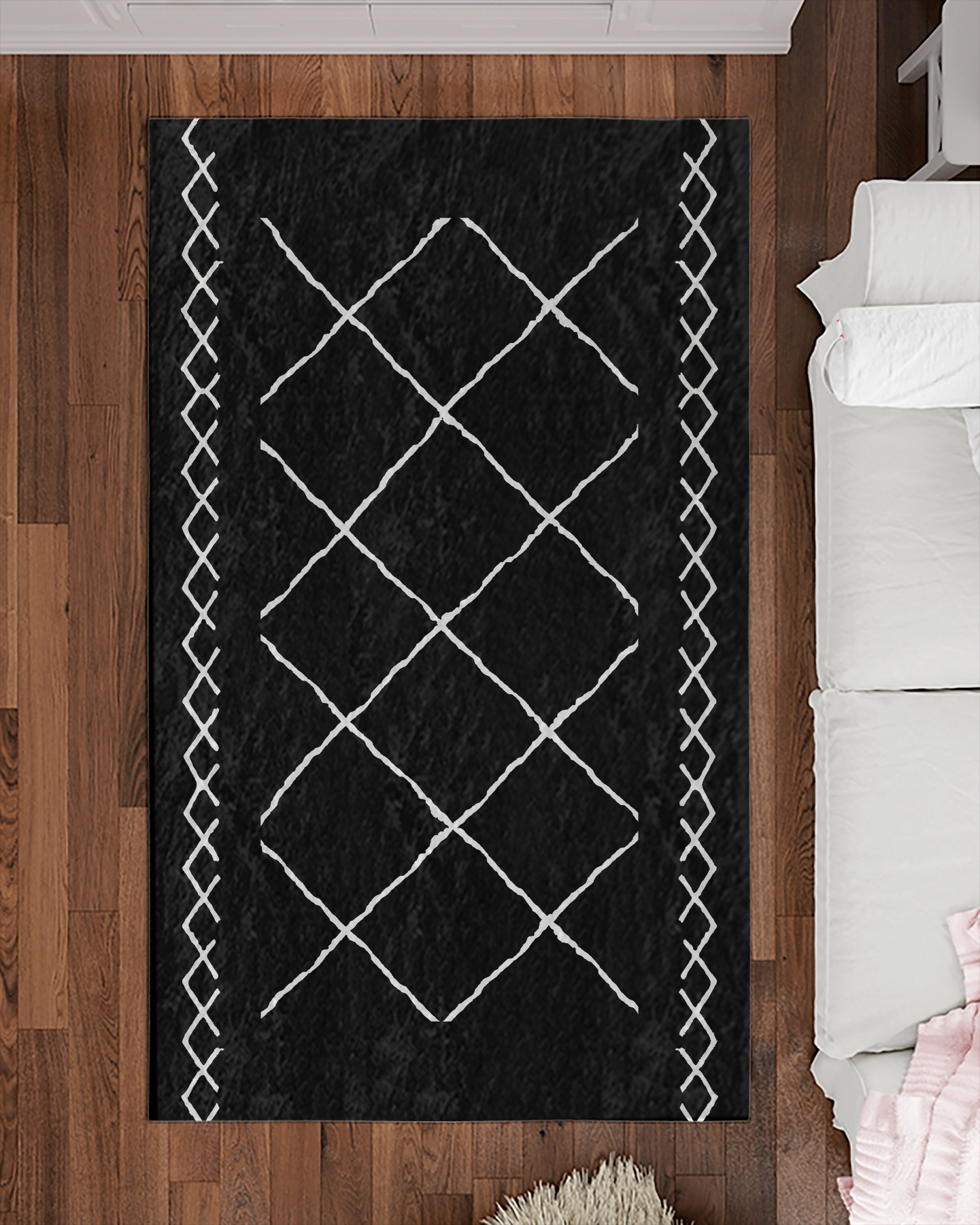 Siyah Zemin Beyaz Bohem Şekiller Modern Salon Halısı