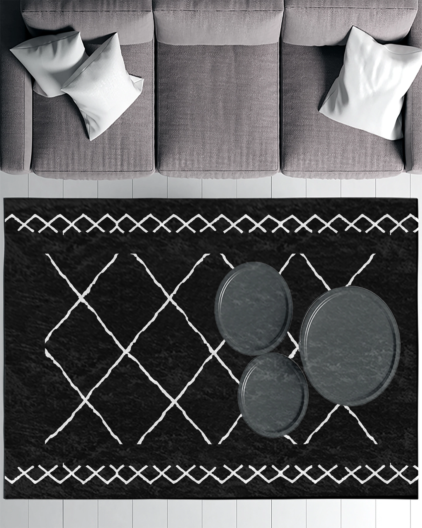 Siyah Zemin Beyaz Bohem Şekiller Modern Salon Halısı