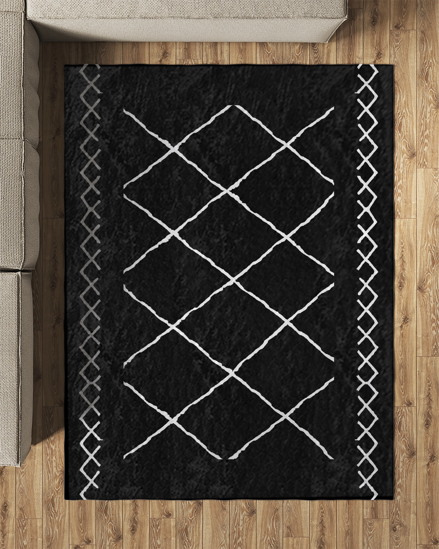 Siyah Zemin Beyaz Bohem Şekiller Modern Salon Halısı