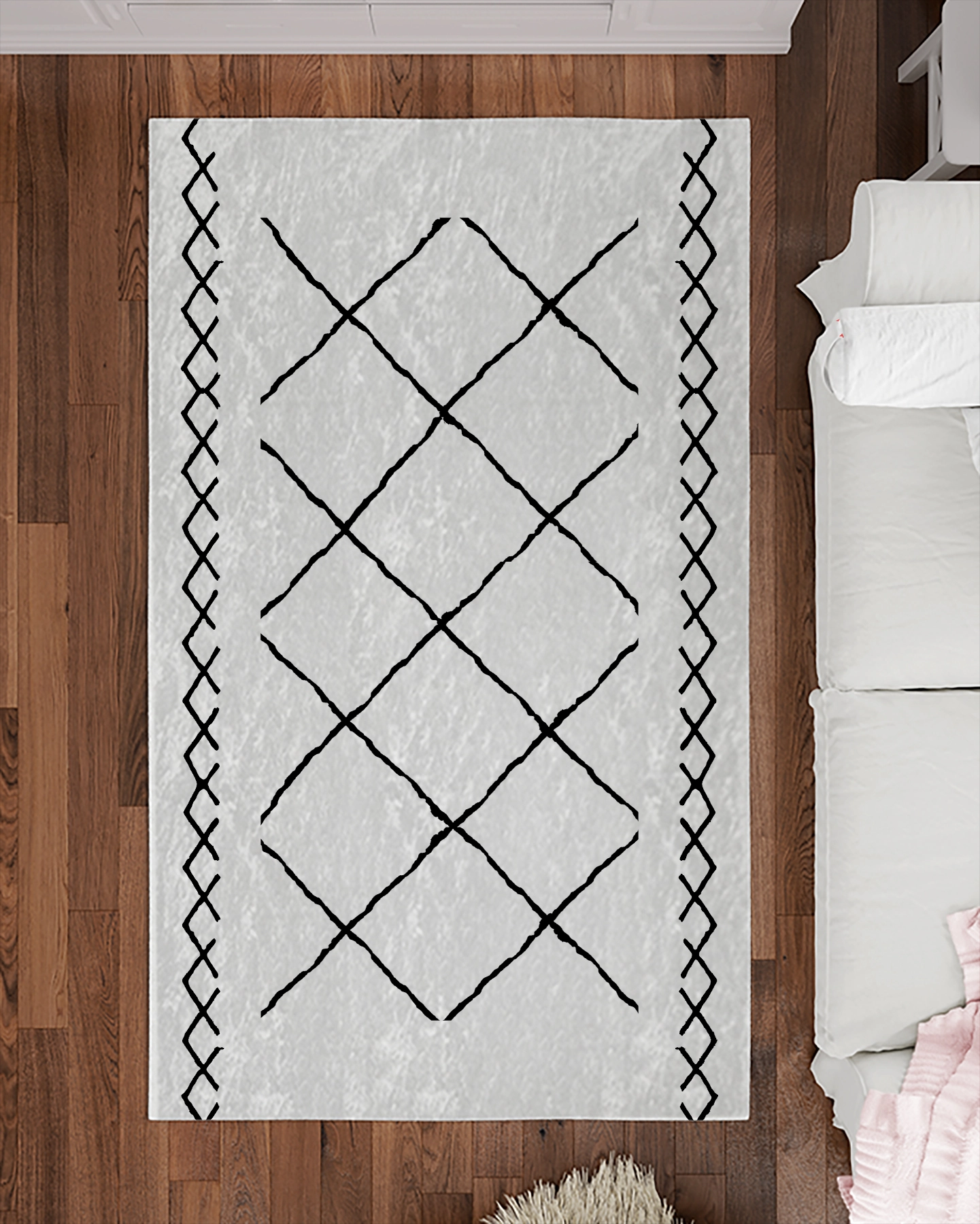 Beyaz Zemin Siyah Bohem Şekiller Modern Salon Halısı