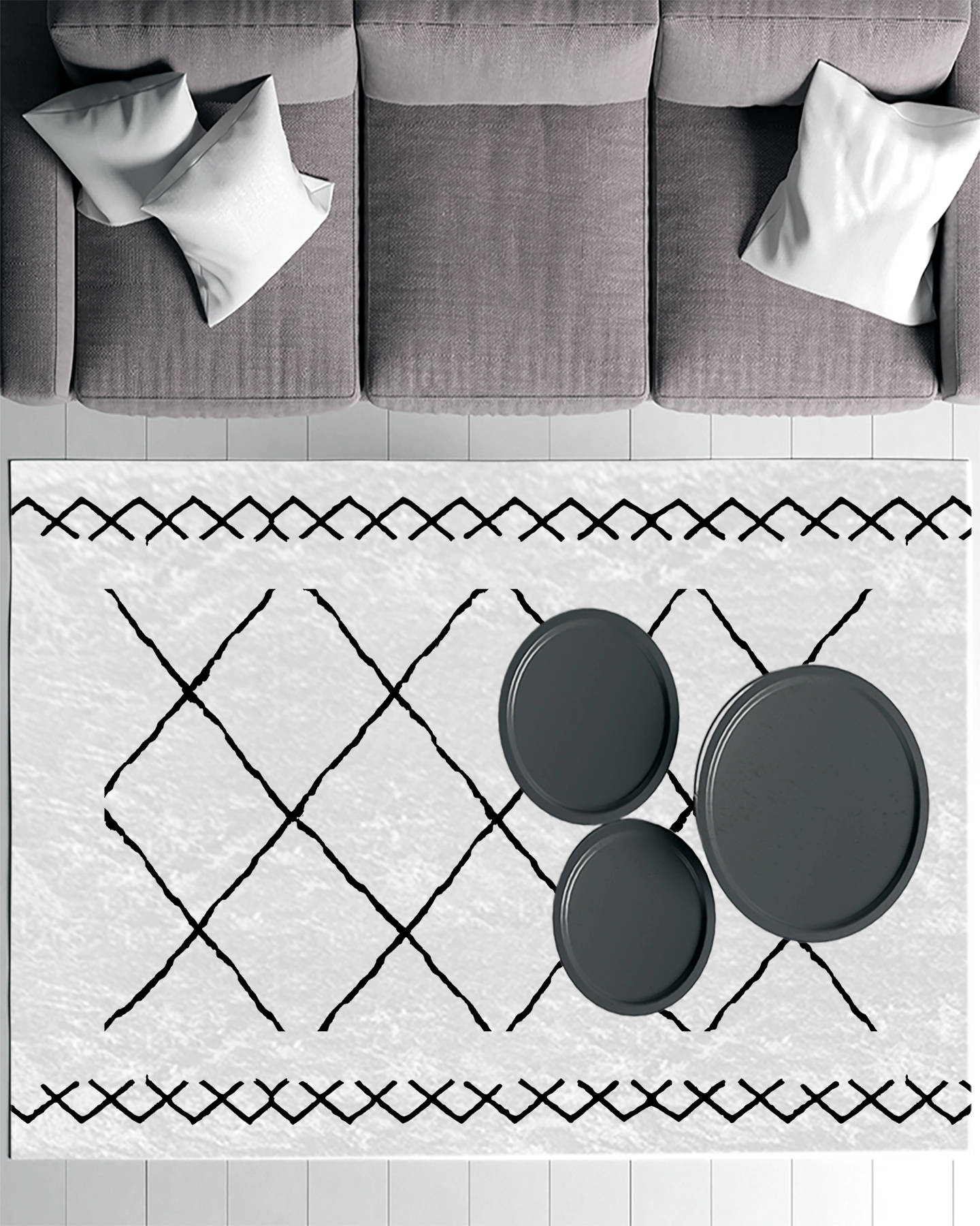 Beyaz Zemin Siyah Bohem Şekiller Modern Salon Halısı