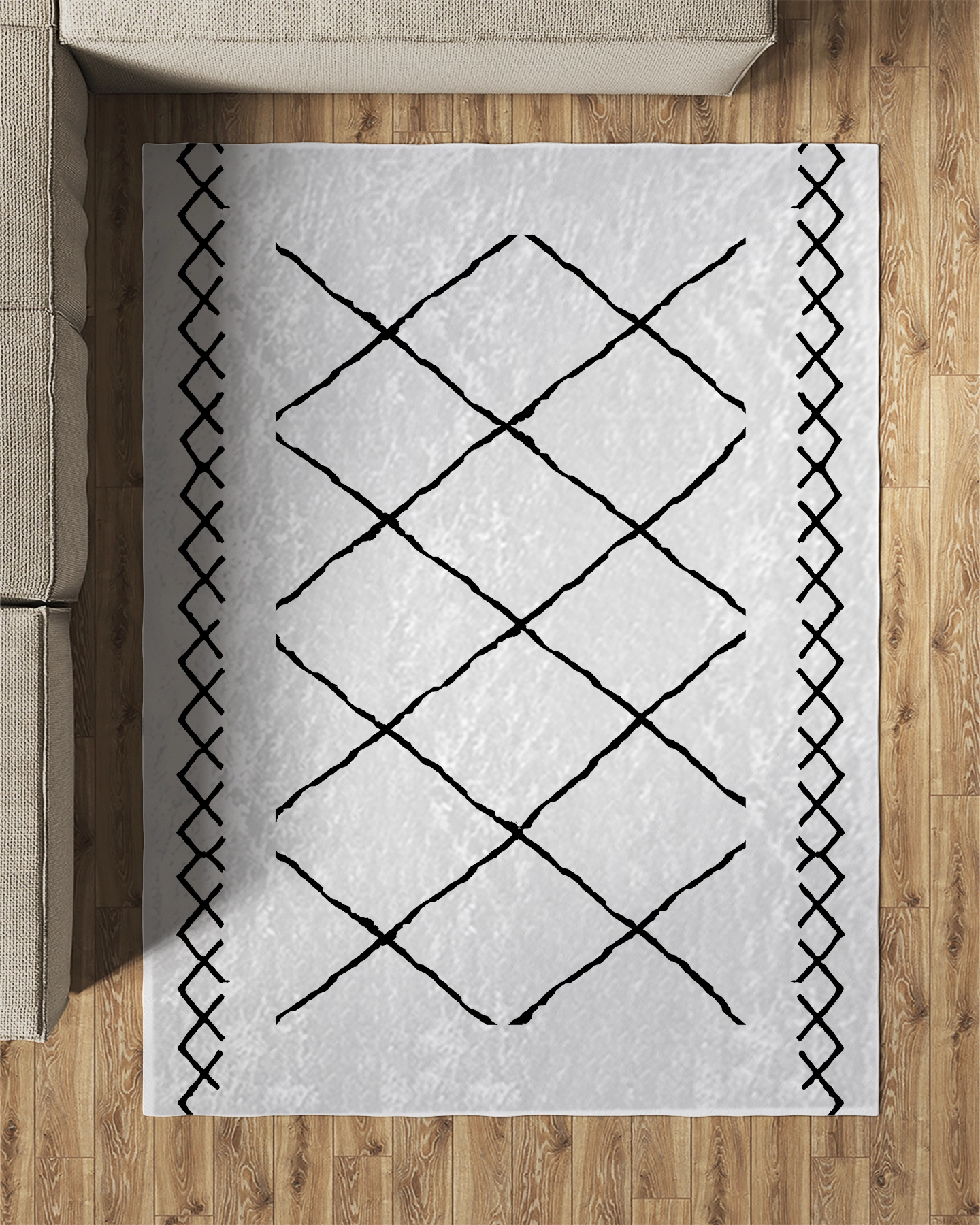 Beyaz Zemin Siyah Bohem Şekiller Modern Salon Halısı