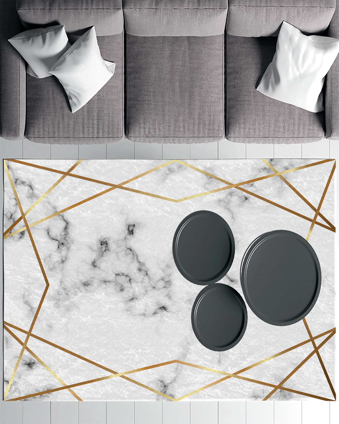 Gold Çizgili Mermer Desenli Modern Salon Halısı