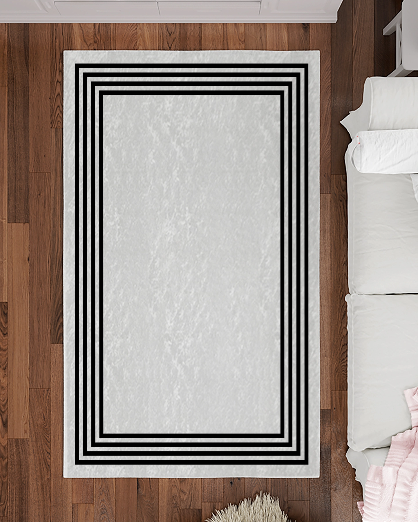 Beyaz Zemin Siyah Çerçeveli Modern Salon Halısı