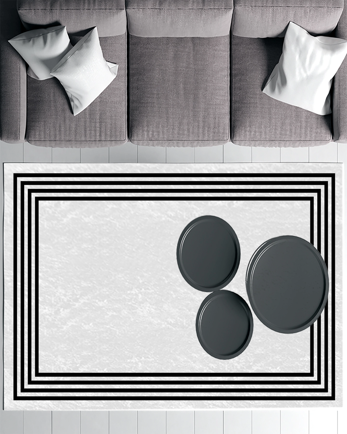 Beyaz Zemin Siyah Çerçeveli Modern Salon Halısı