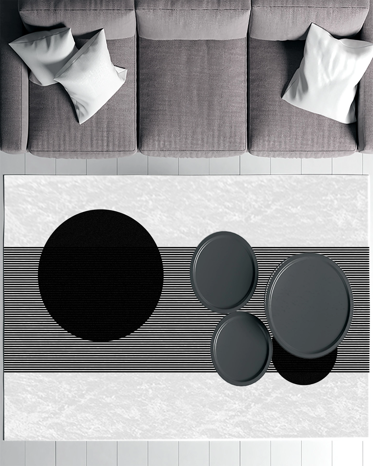 Siyah Yuvarlak Çizgili Modern Salon Halısı