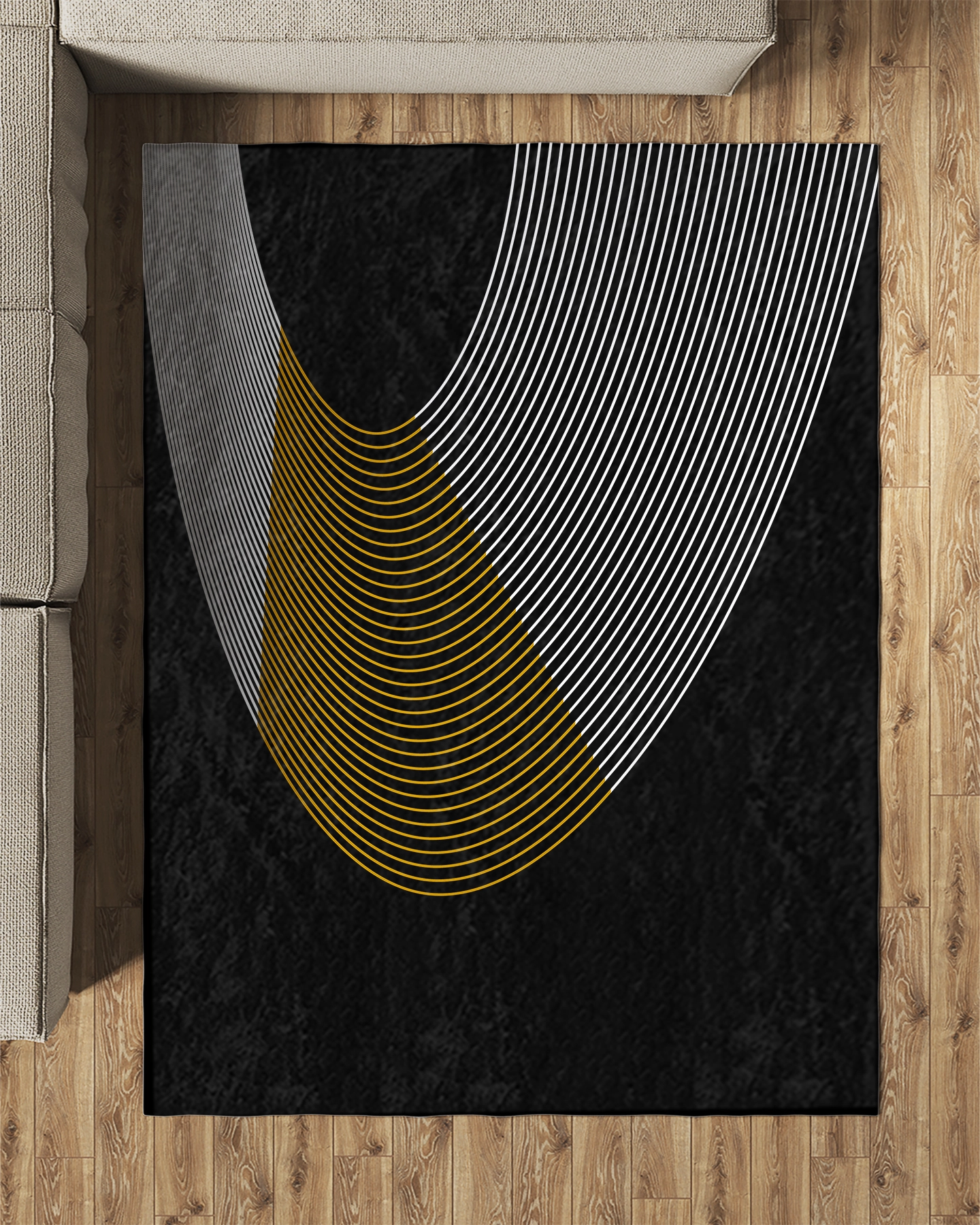 Siyah Zemin Beyaz Gold Çizgili Modern Salon Halısı