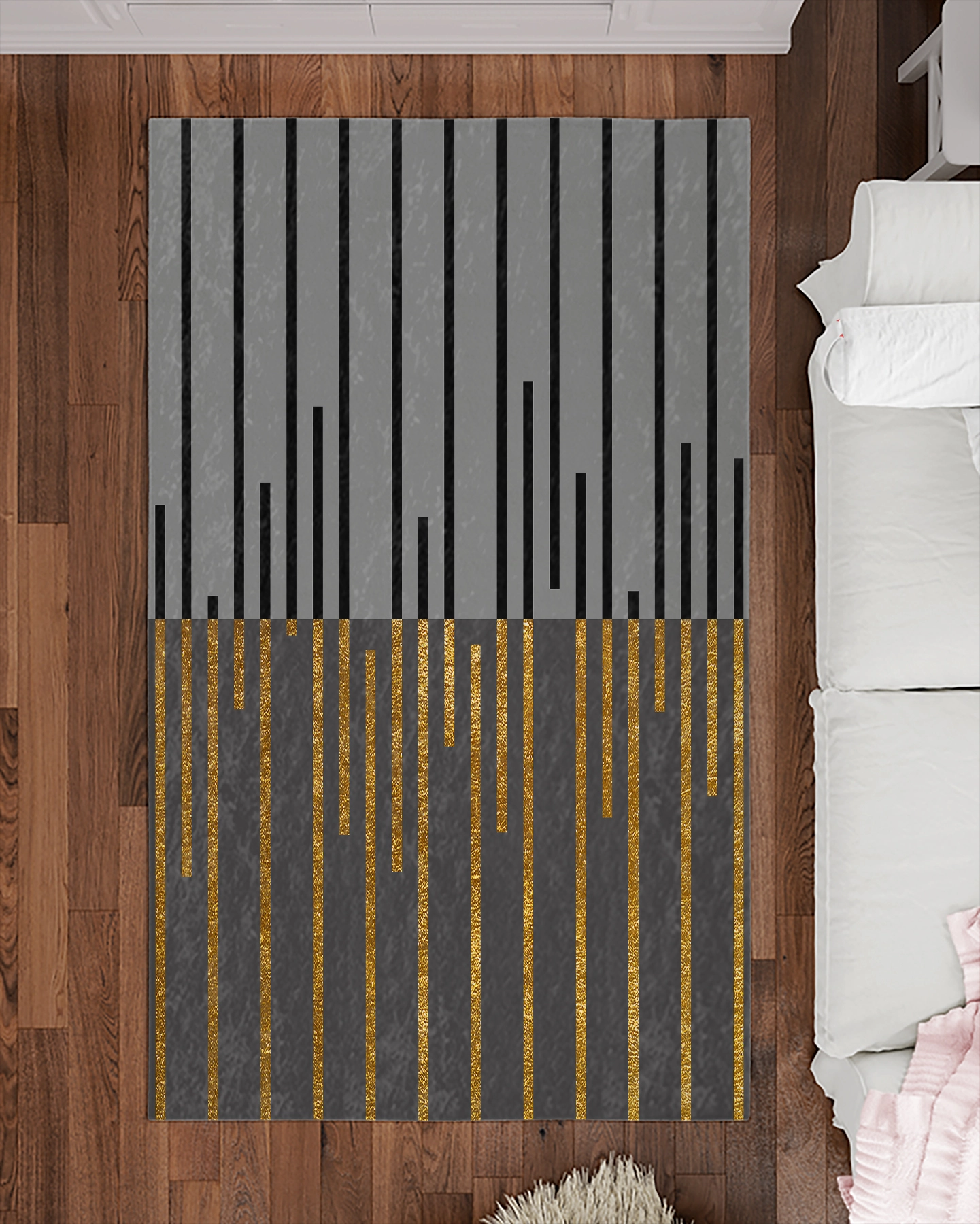 Gri Zemin Sİyah Gold Çizgili Modern Salon Halısı