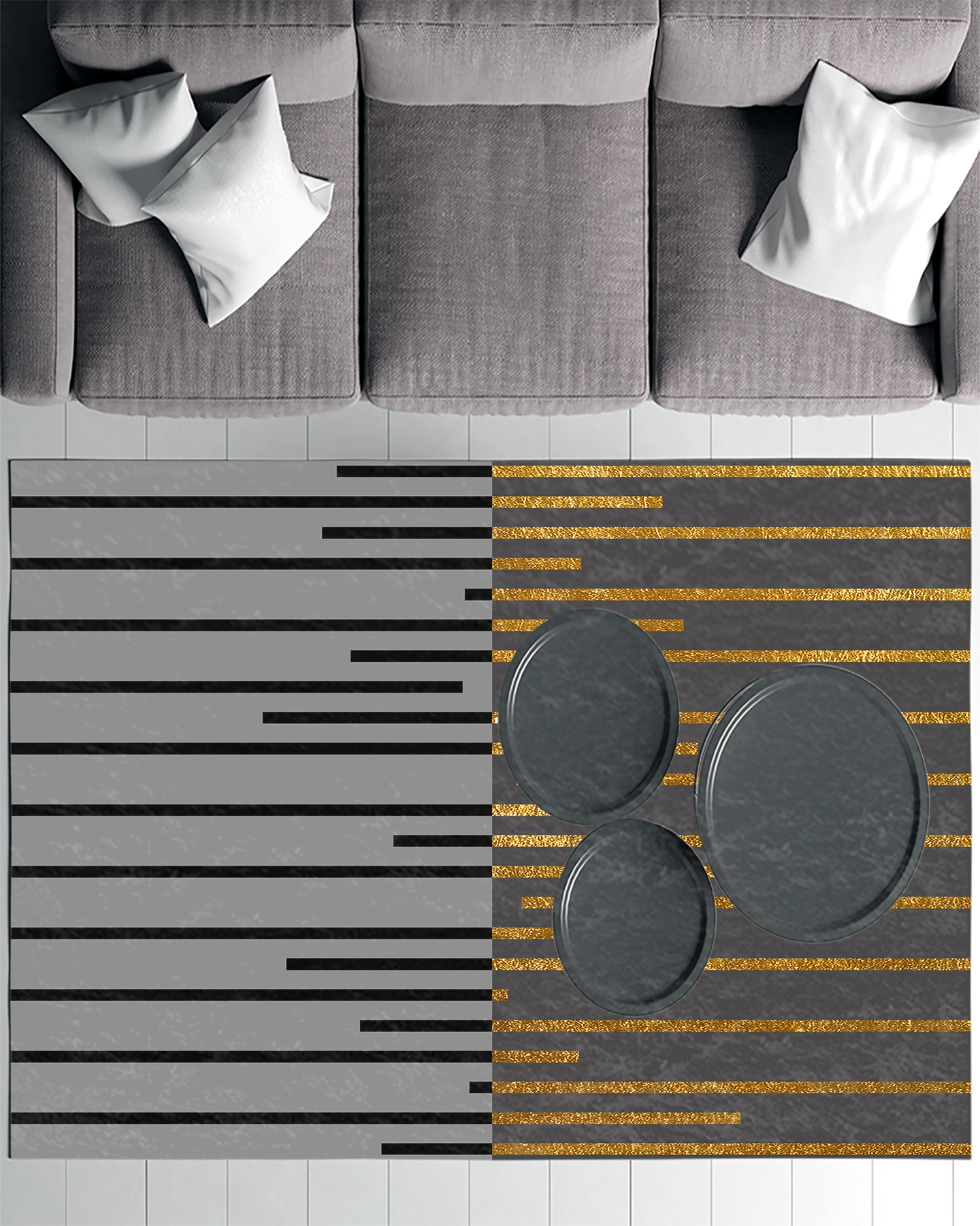 Gri Zemin Sİyah Gold Çizgili Modern Salon Halısı