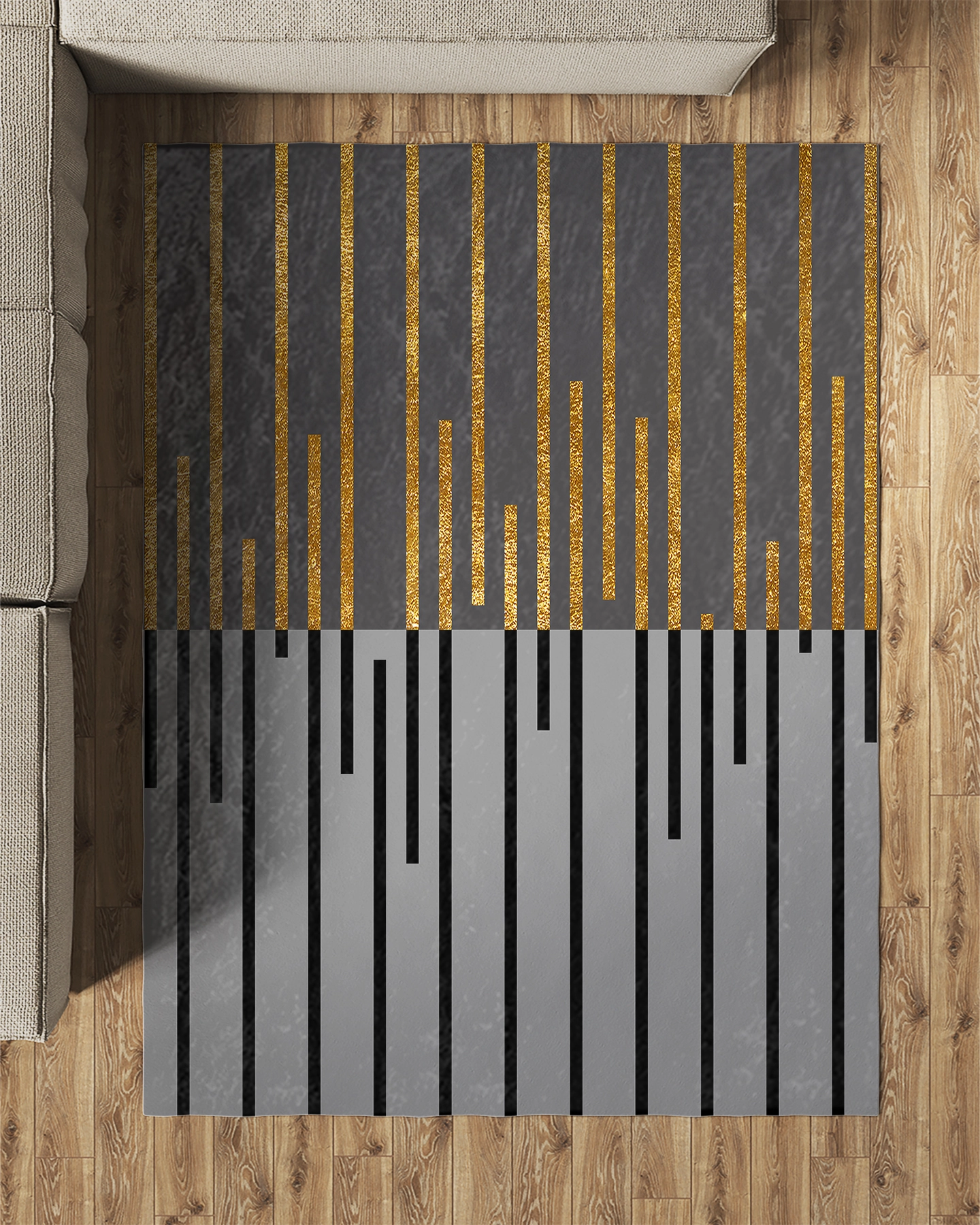 Gri Zemin Sİyah Gold Çizgili Modern Salon Halısı