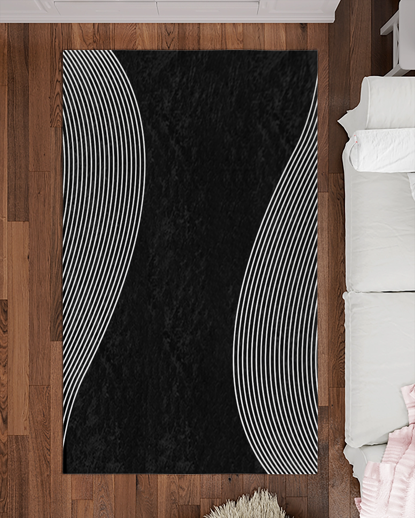 Siyah Zemin Beyaz Çizgili Modern Salon Halısı