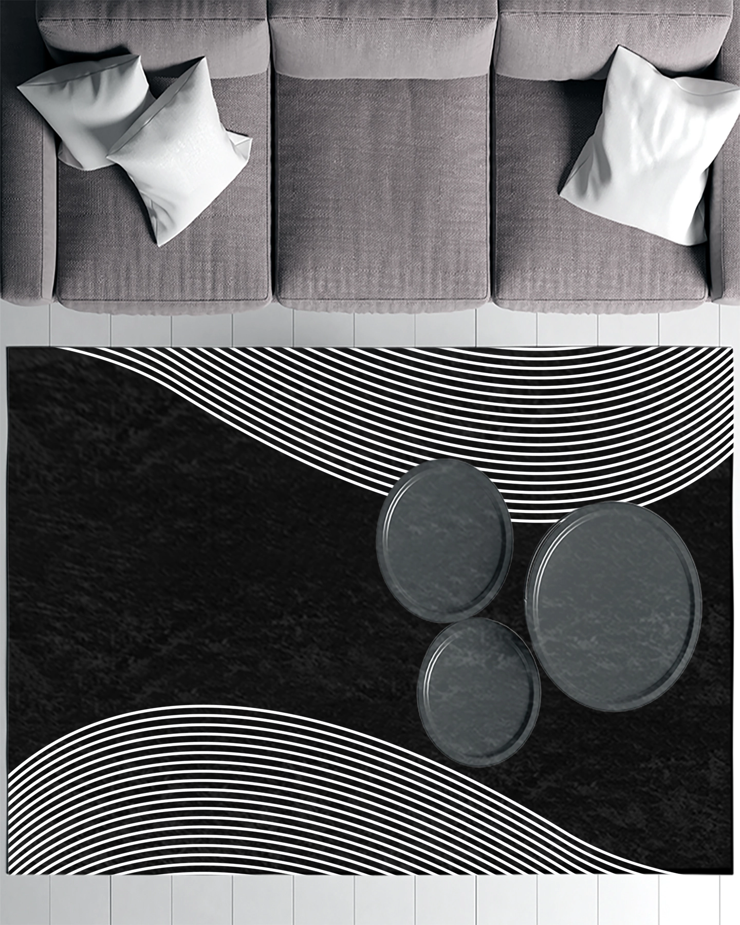 Siyah Zemin Beyaz Çizgili Modern Salon Halısı