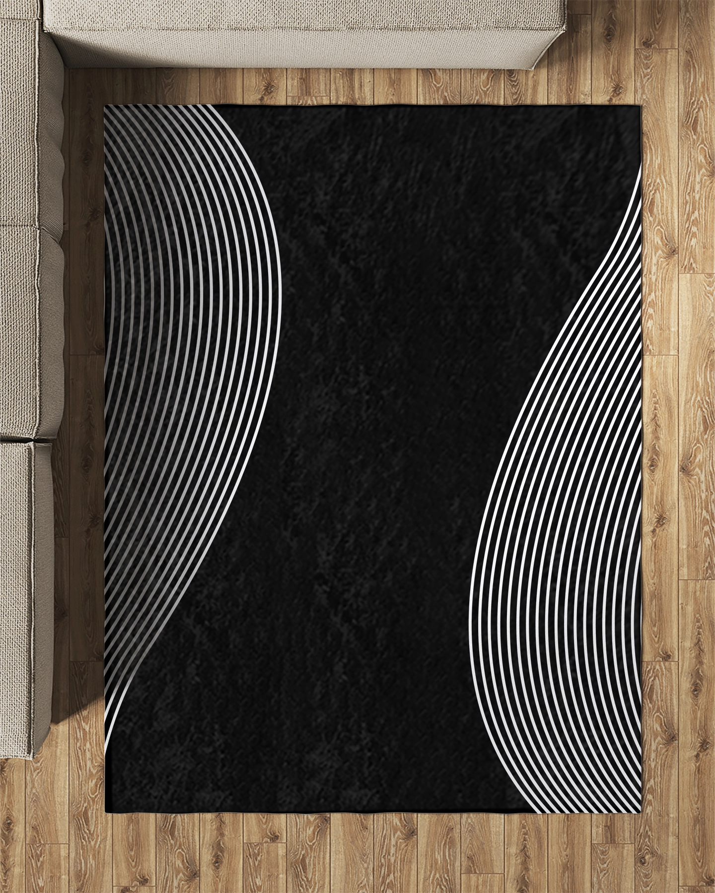 Siyah Zemin Beyaz Çizgili Modern Salon Halısı