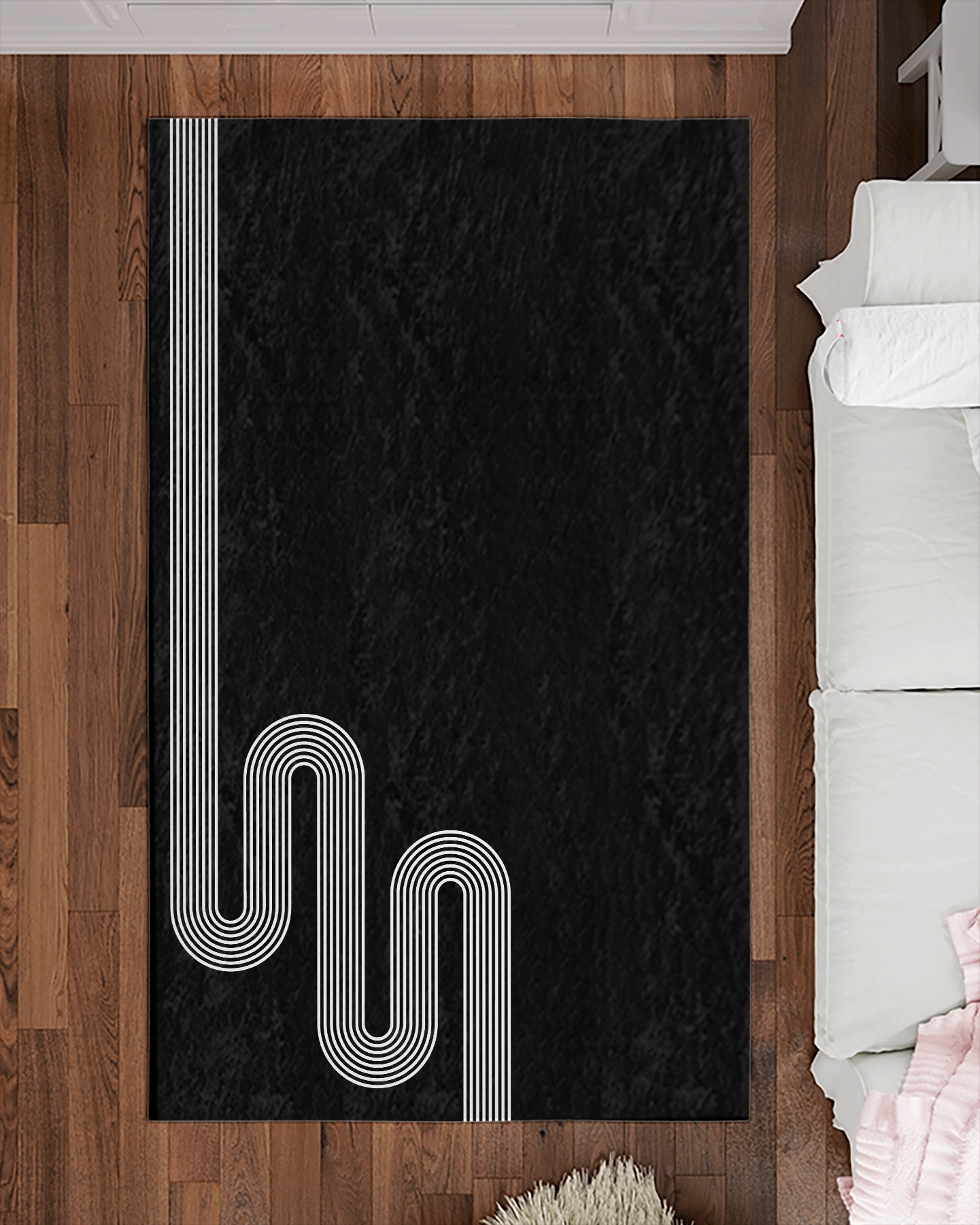 Siyah Zemin Beyaz Zigzag Çizgili Modern Salon Halısı