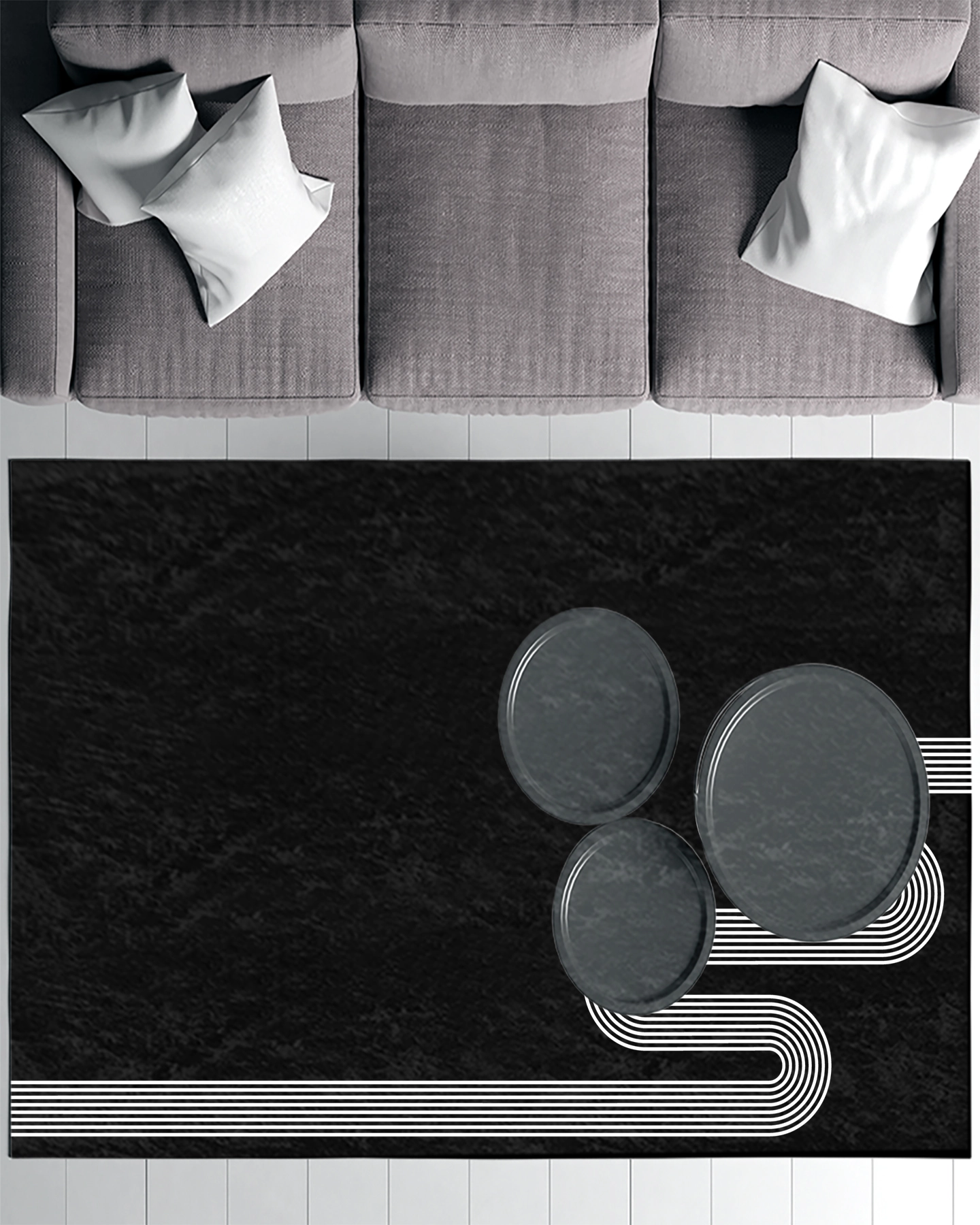 Siyah Zemin Beyaz Zigzag Çizgili Modern Salon Halısı