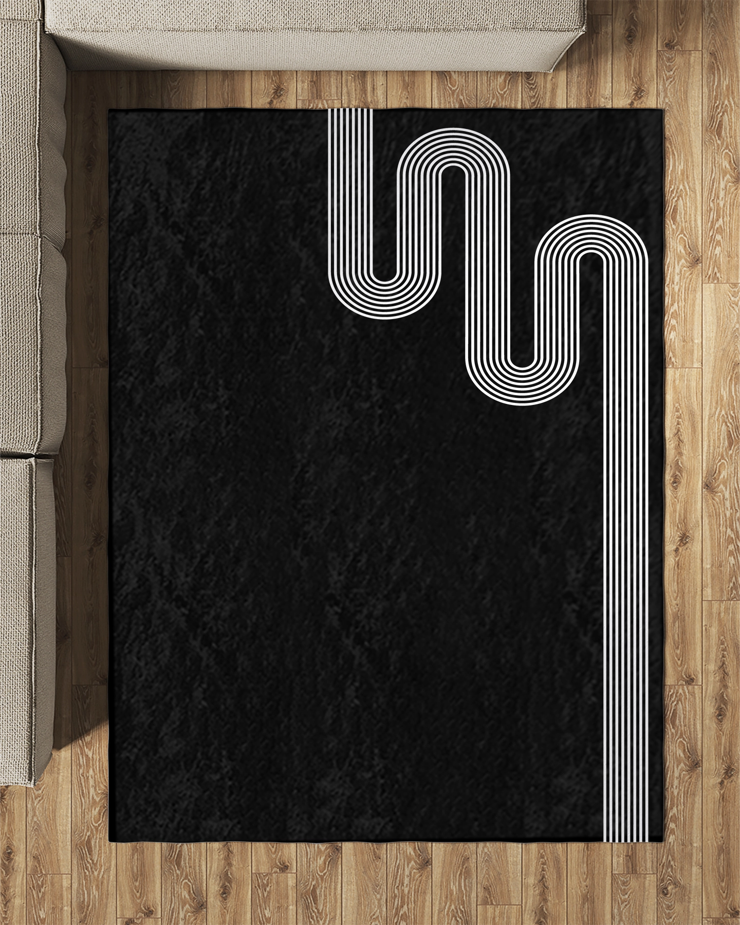 Siyah Zemin Beyaz Zigzag Çizgili Modern Salon Halısı