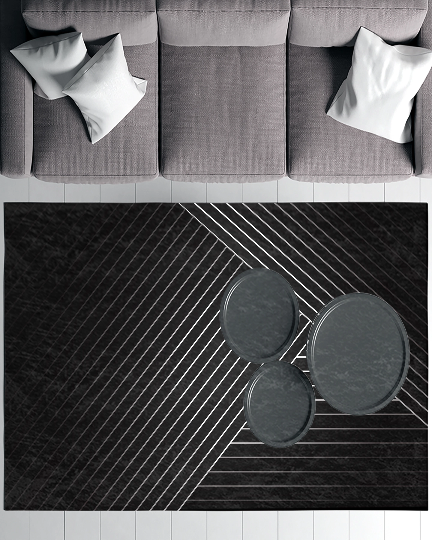 Siyah Zemin Çizgili Modern Salon Halısı