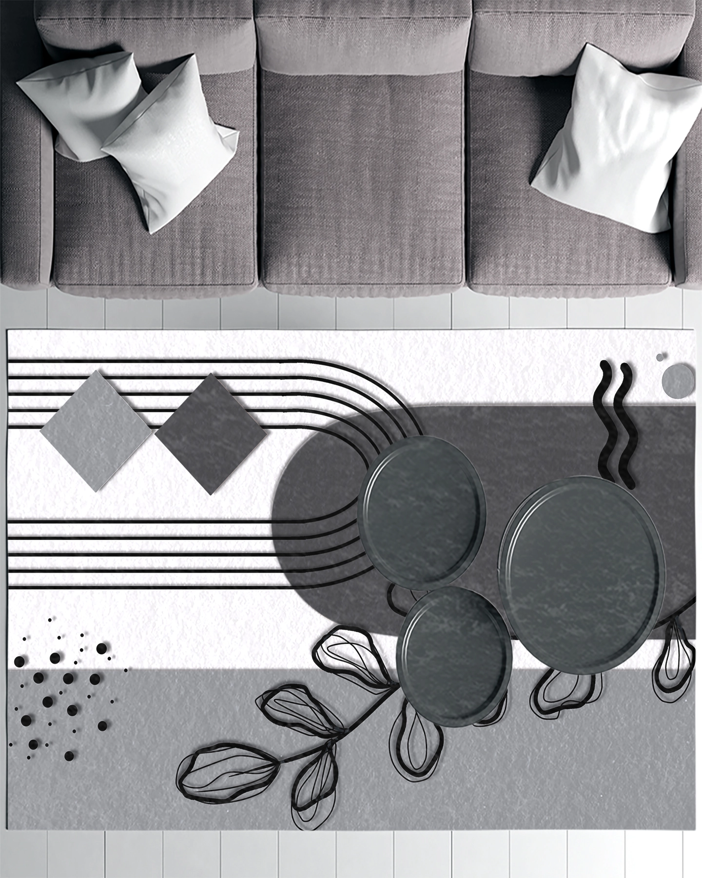 Bohem Şekilli Yapraklı Modern Salon Halısı