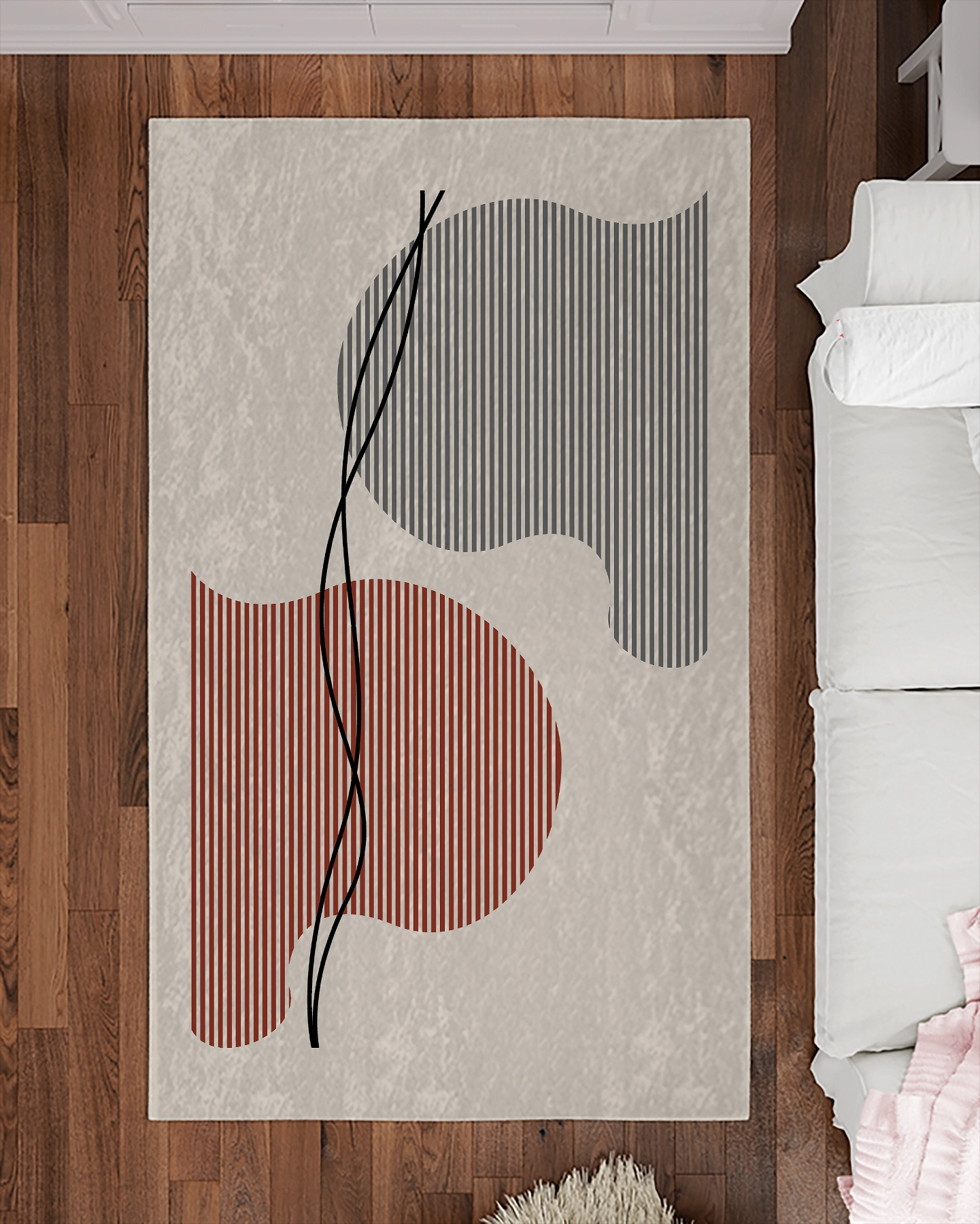 Bej Zemin Geometrik Çizgili Modern Salon Halısı