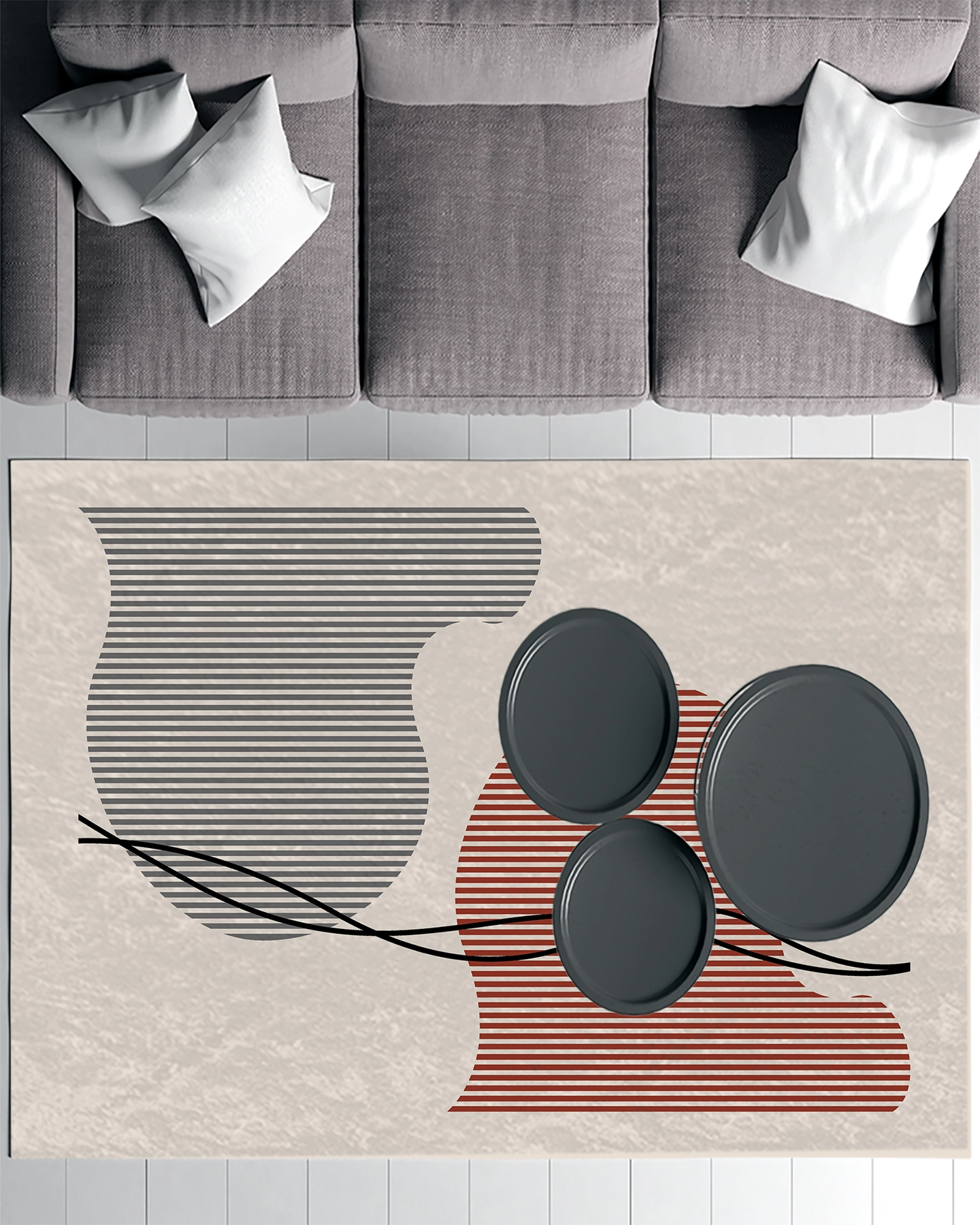 Bej Zemin Geometrik Çizgili Modern Salon Halısı